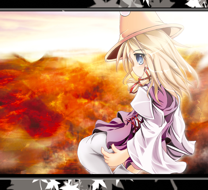 ichirino minagi, moriya suwako, touhou, bad id, bad pixiv id, 1girl, blonde hair, female focus, hat, outdoors, ribbon, skirt, sky, solo, thighhighs