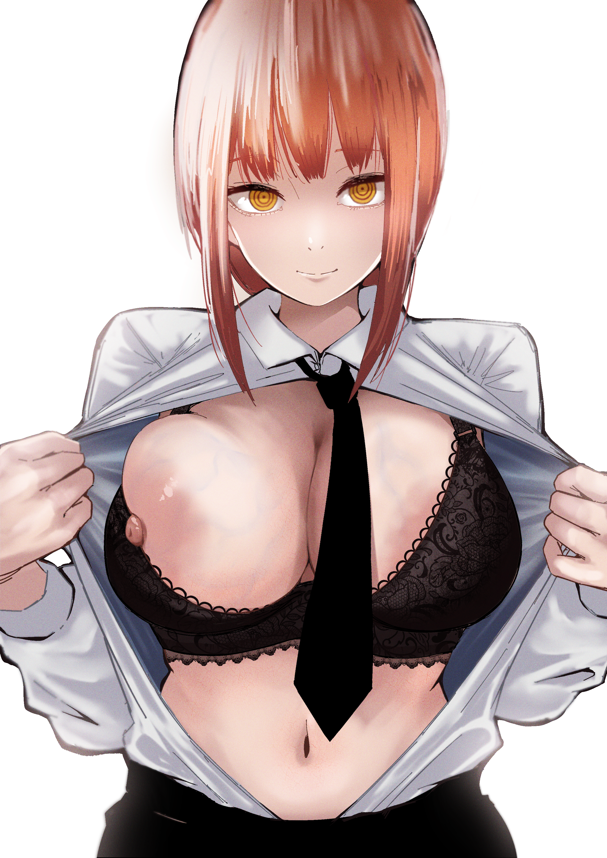 hshs-965, makima (chainsaw man), chainsaw man, absurdres, highres, 1girl, black bra, bra, breasts, closed mouth, lace, lace-trimmed bra, lace trim, large breasts, light smile, long sleeves, looking at viewer, navel, nipple slip, nipples, open clothes, open shirt, red hair, ringed eyes, shirt tucked in, sidelocks, simple background, solo, underwear, white background, yellow eyes