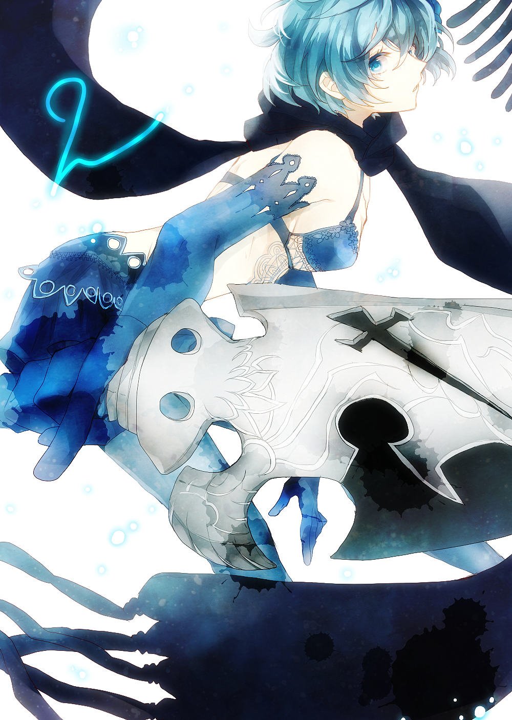 toa (minnnasuki), two (drag-on dragoon), drag-on dragoon, drag-on dragoon 3, commentary request, highres, 1girl, bare shoulders, black scarf, blue bra, blue eyes, blue gloves, blue hair, blue skirt, bra, breasts, detached sleeves, elbow gloves, feet out of frame, foreshortening, from side, gloves, holding, holding sword, holding weapon, light particles, looking at viewer, medium breasts, parted lips, scarf, short hair, sideways glance, skirt, solo, sword, underwear, weapon, white background