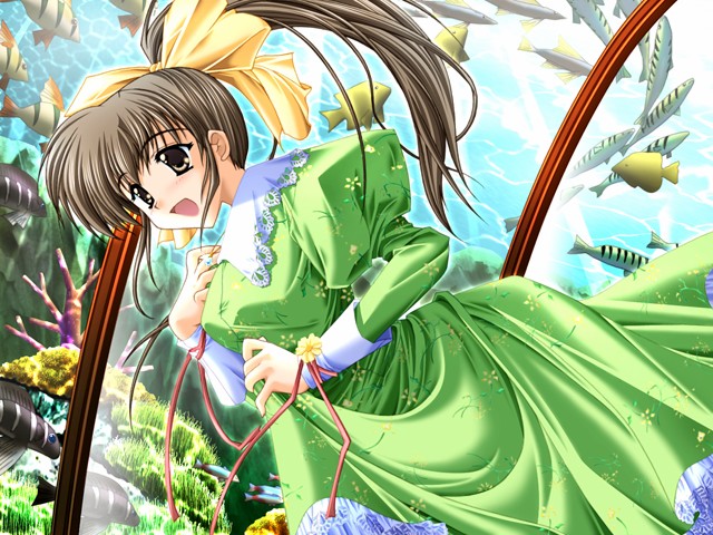 arisue tsukasa, ren'ai chu!, game cg, non-web source, 1girl, aquarium, brown eyes, brown hair, clothes lift, dress, dress lift, dutch angle, female focus, frills, long hair, ponytail, solo