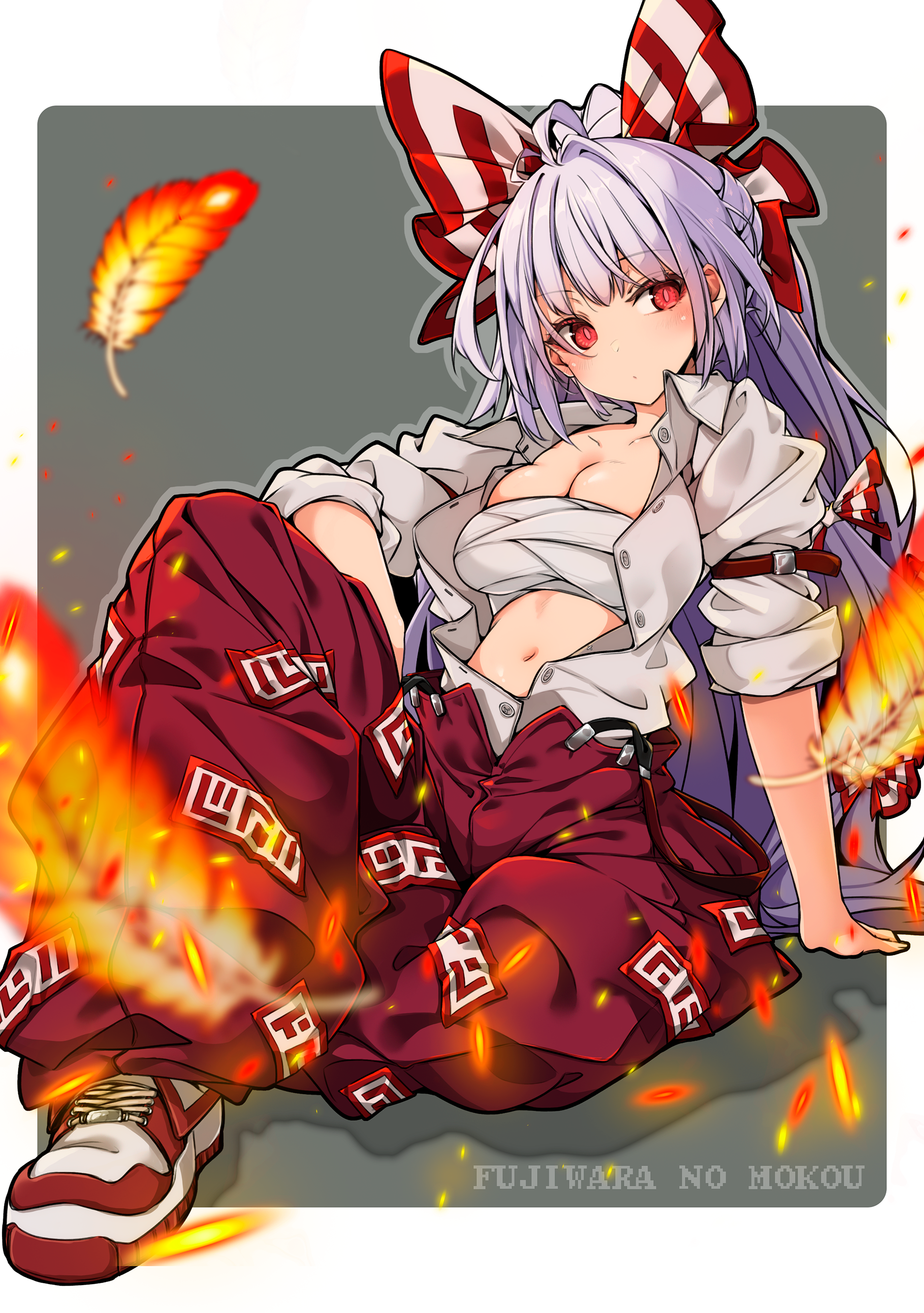 .sin, fujiwara no mokou, touhou, absurdres, highres, 1girl, arm support, breasts, chest sarashi, cleavage, expressionless, feathers, fire, large breasts, long hair, navel, ofuda, ofuda on clothes, ofuda on head, open clothes, open shirt, pants, red eyes, red pants, sarashi, shirt, shoes, sitting, sneakers, solo, unbuttoned, very long hair, white hair, white shirt
