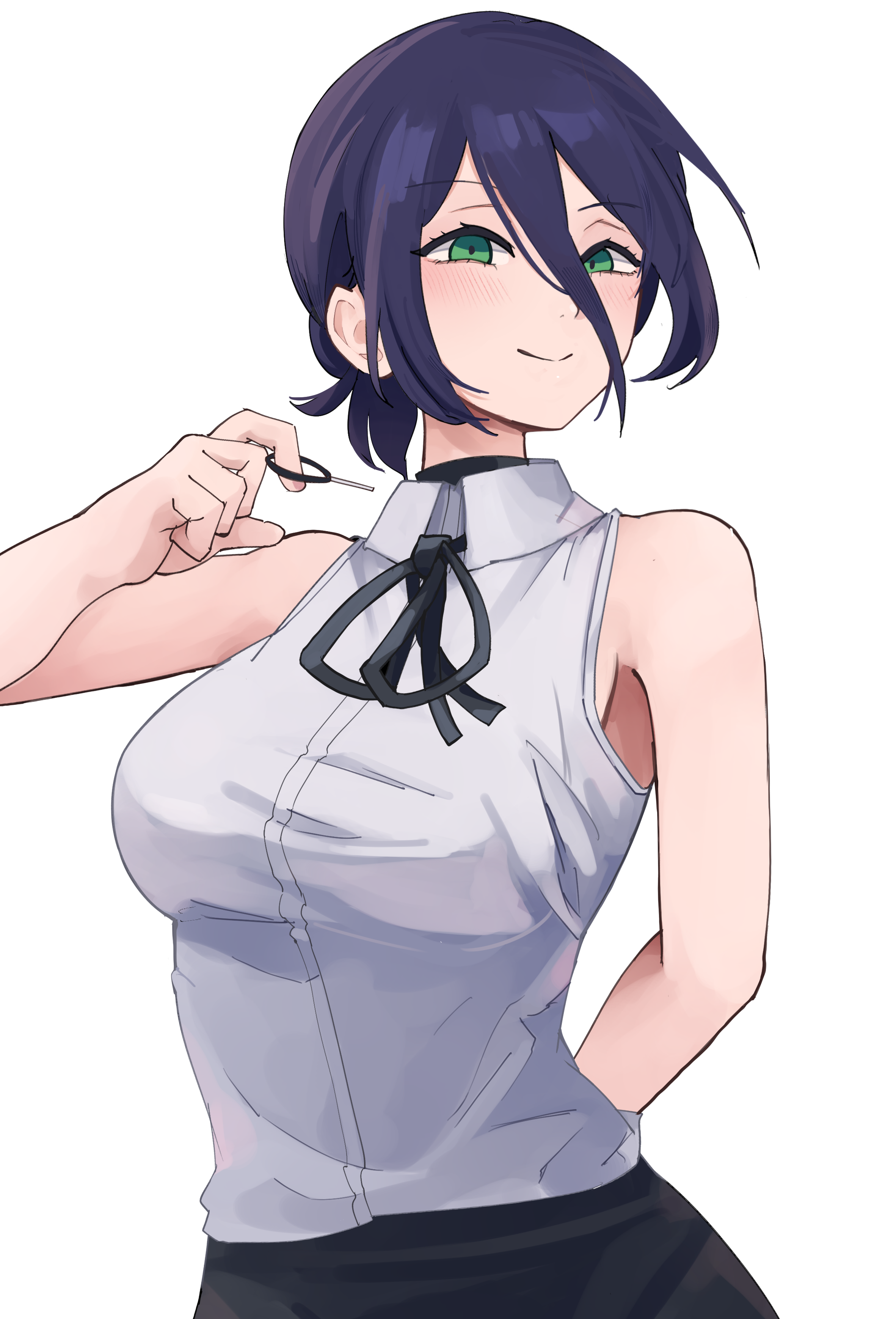 shinonome zakuro, reze (chainsaw man), chainsaw man, absurdres, highres, 1girl, arm behind back, black choker, black hair, black ribbon, breasts, choker, closed mouth, collared shirt, green eyes, grenade pin, hair between eyes, large breasts, looking at viewer, neck ribbon, ribbon, shirt, simple background, sleeveless, sleeveless shirt, smile, solo, white background, white shirt