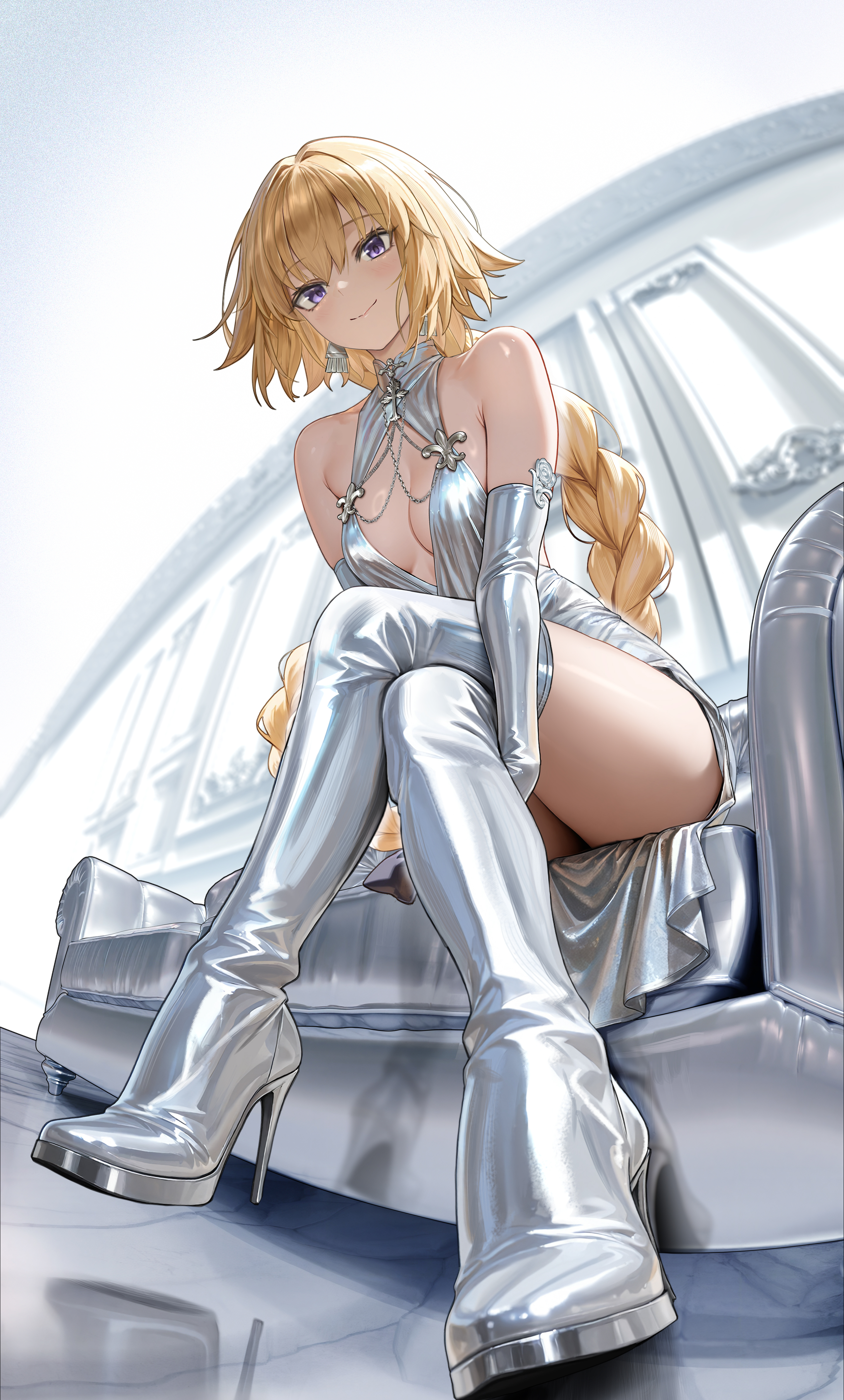 fuann, jeanne d'arc (fate), fate/apocrypha, fate/grand order, fate (series), absurdres, commentary, highres, 1girl, armpit crease, bare shoulders, blonde hair, boots, braid, breasts, cleavage cutout, closed mouth, clothing cutout, couch, crossed legs, dress, earrings, elbow gloves, gloves, high heel boots, high heels, indoors, jewelry, long hair, looking at viewer, on couch, purple eyes, silver boots, silver dress, silver gloves, sitting, small breasts, solo, thigh boots, very long hair