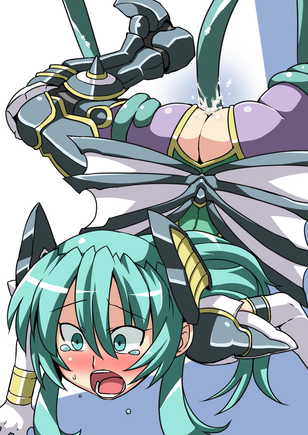 kurea, tukiwani, kurea (shinrabanshou), shinrabanshou, highres, 1girl, blush, clothed sex, cum, cum in pussy, female focus, leotard, solo, solo focus, surprised, tears, tentacle sex, tentacles, uncensored