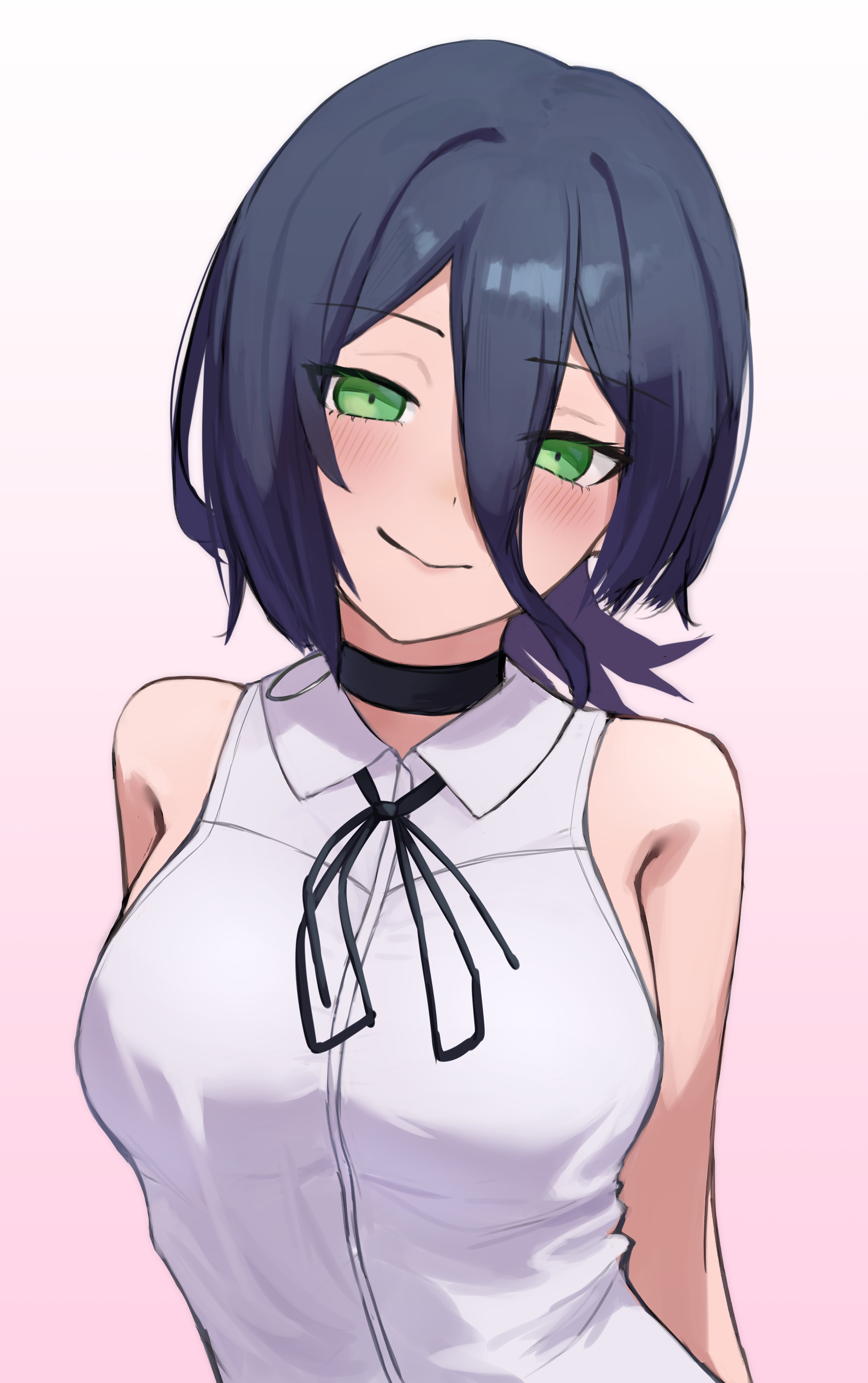 miyure (voyakl), reze (chainsaw man), chainsaw man, absurdres, highres, 1girl, arms behind back, black choker, black hair, black ribbon, breasts, choker, closed mouth, gradient background, green eyes, grenade pin, hair between eyes, large breasts, looking at viewer, neck ribbon, pink background, ribbon, smile, solo, white background