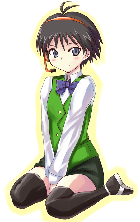 kikuchi makoto, otonashi kotori, idolmaster, idolmaster (classic), idolmaster 1, non-web source, 1girl, antenna hair, black eyes, black hair, blue eyes, bow, bowtie, cosplay, female focus, headset, kneeling, otonashi kotori (cosplay), pencil skirt, short hair, skirt, solo, thighhighs, zettai ryouiki