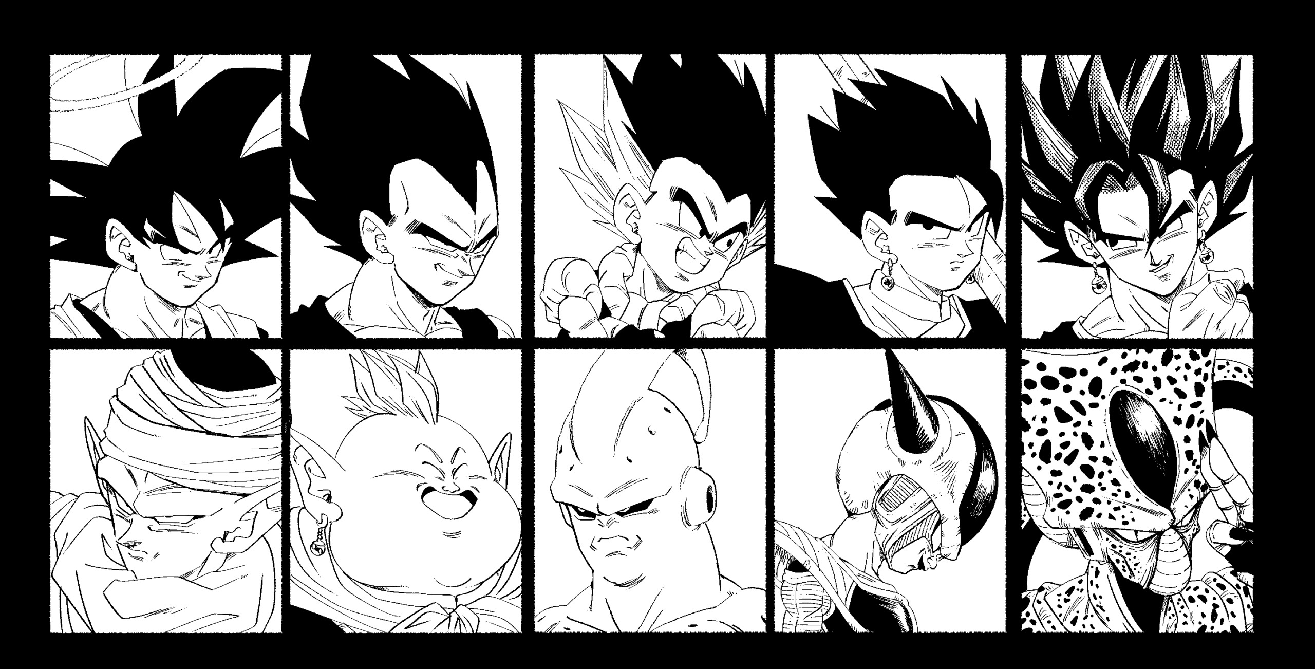 fenyon, 1st form frieza, cell (dragon ball), dai kaioushin, frieza, gotenks, imperfect cell, majin buu, piccolo, son gohan, son goku, super buu, vegeta, vegetto, dragon ball, dragonball z, commentary, english commentary, highres, 6+boys, antennae, armor, biceps, black border, black sclera, border, close-up, closed eyes, closed mouth, colored sclera, dragon ball z: hyper dimension, earrings, evil smile, facing viewer, finger to face, fingernails, gloves, greyscale, grin, halo, hand up, head down, high collar, horns, jewelry, long fingernails, looking afar, looking at viewer, male focus, metamoran vest, mohawk, monochrome, multicolored hair, multiple boys, neckerchief, over shoulder, pointy ears, potara earrings, profile, saiyan armor, salute, simple background, slit pupils, smile, spiked hair, streaked hair, sword, sword over shoulder, tail, turban, two-finger salute, weapon, weapon over shoulder, white background