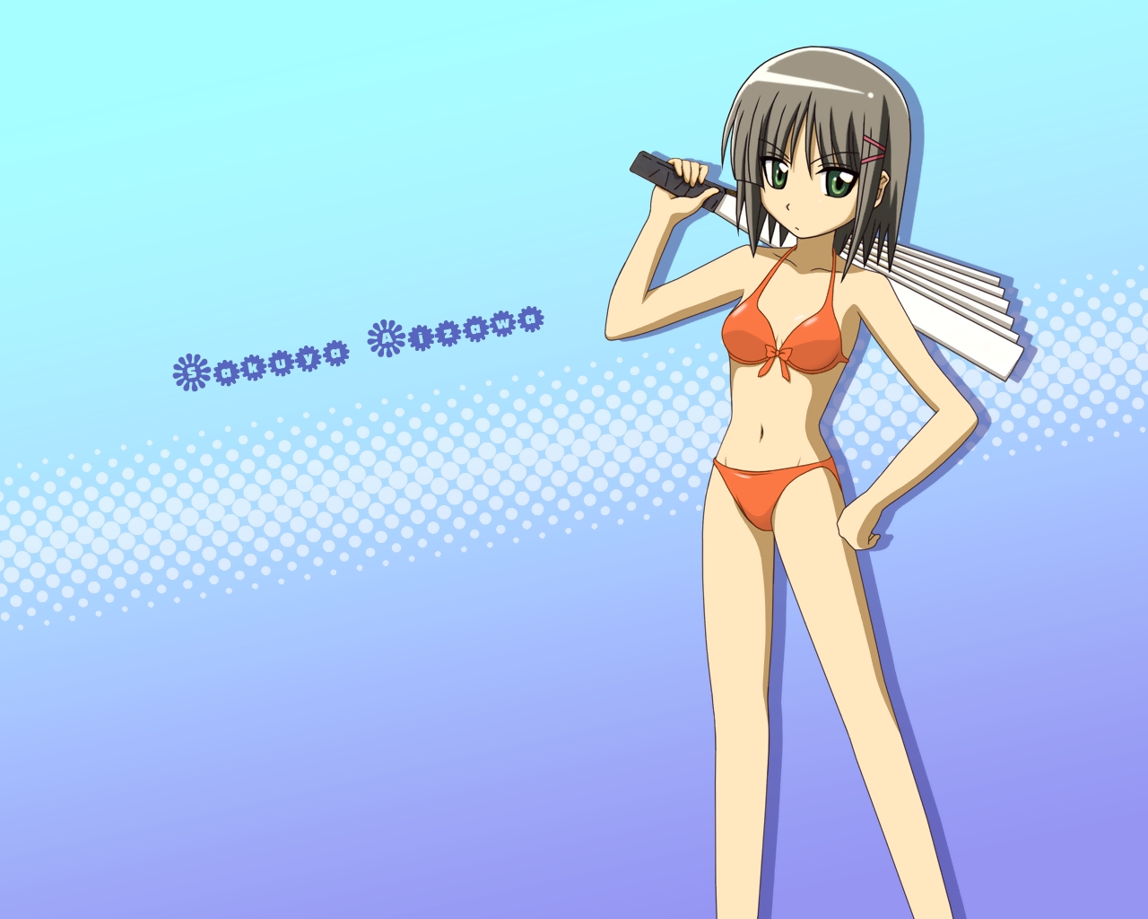 aizawa sakuya, hayate no gotoku!, silver hair, derivative work, non-web source, vector trace, 00s, bikini, black hair, green eyes, hand fan, harisen, orange bikini, short hair, solo, swimsuit