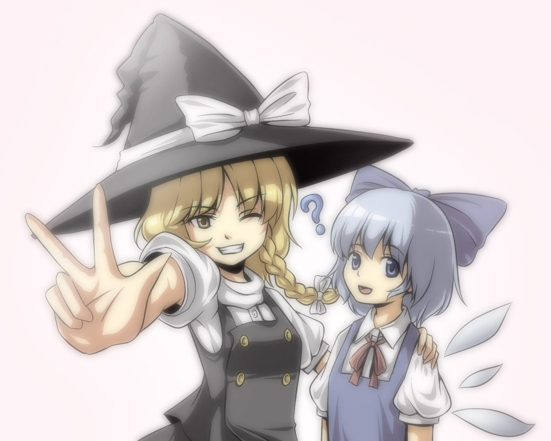 urin, cirno, kirisame marisa, embodiment of scarlet devil, touhou, bad id, bad pixiv id, 2girls, ?, blonde hair, blue hair, braid, flat chest, hat, long hair, multiple girls, ribbon, short hair, v, wings