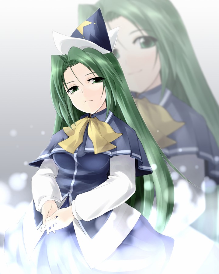 hara takehito, mima (touhou), mystic square, touhou, touhou (pc-98), bad id, bad pixiv id, 1girl, female focus, gradient background, green hair, grey background, haraken (pixiv), hat, long hair, multiple views, standing, wizard hat, zoom layer