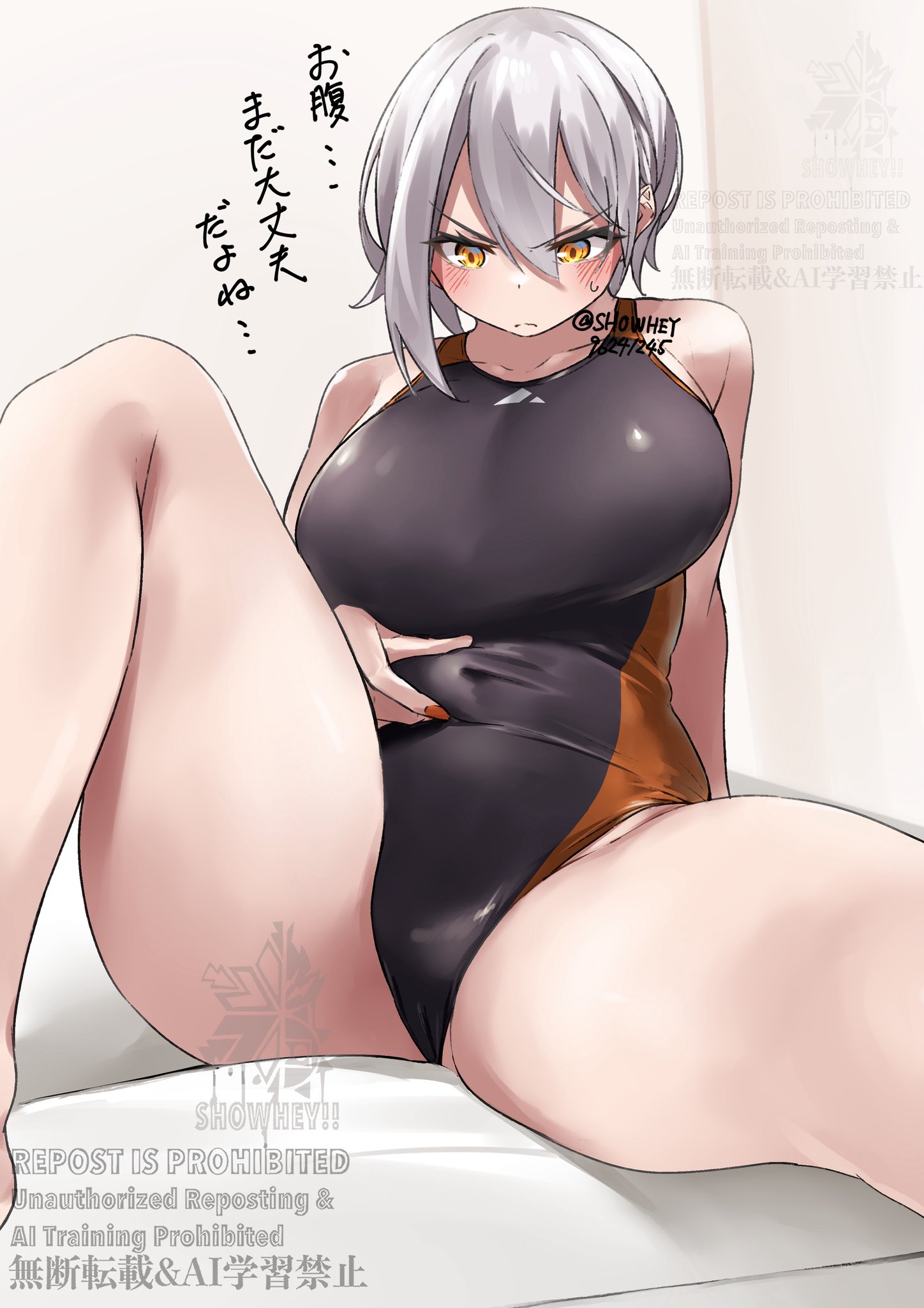 showhey!!, nishizaki toka, original, highres, 1girl, arm at side, artist name, bare legs, bare shoulders, black one-piece swimsuit, blush, breasts, cameltoe, closed mouth, collarbone, covered groin, covered navel, cropped legs, dot nose, frown, grey hair, hand on own stomach, indoors, large breasts, leg up, looking down, one-piece swimsuit, orange one-piece swimsuit, short hair with long locks, sitting, solo, swimsuit, twitter username, two-tone swimsuit, watermark, yellow eyes