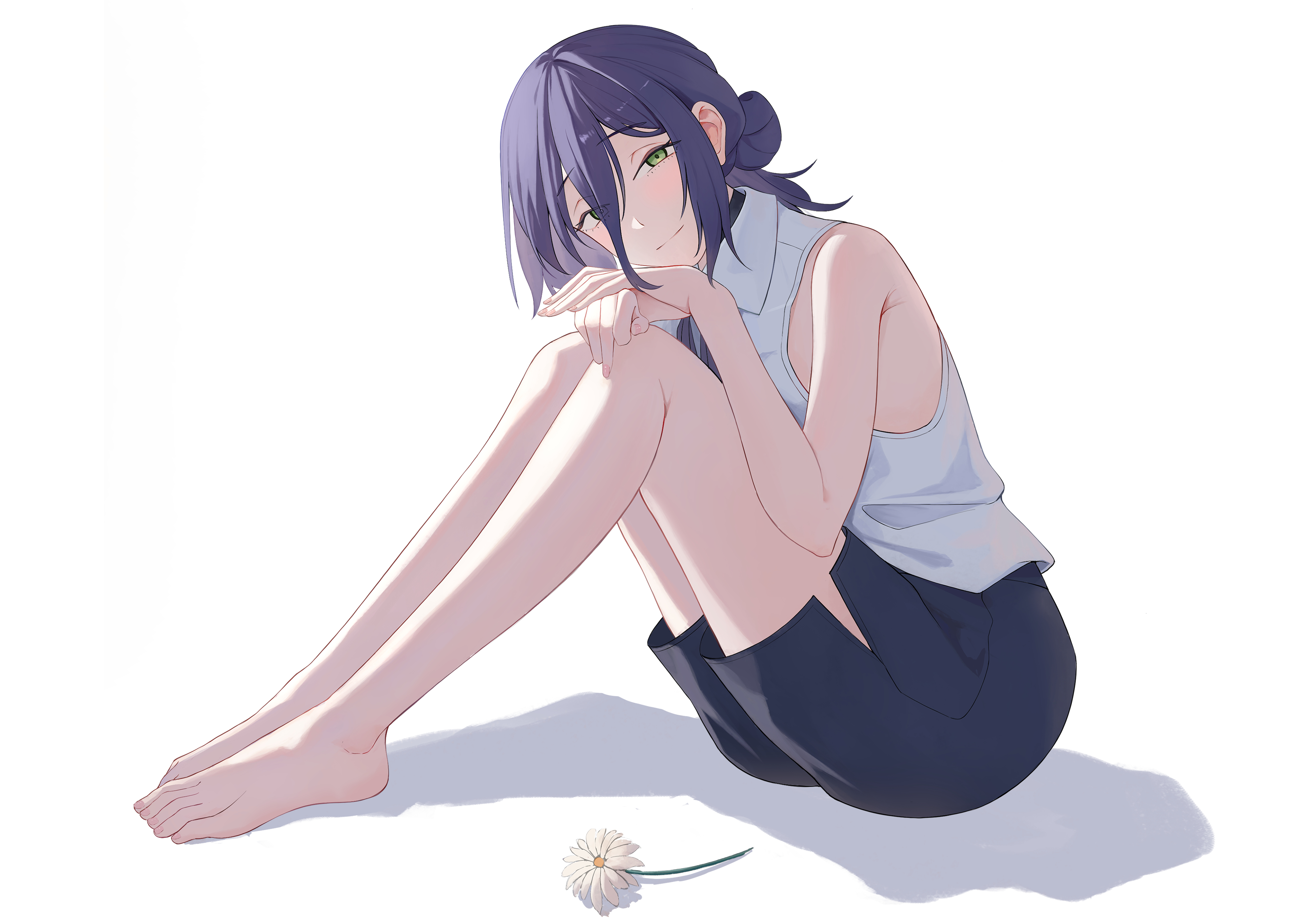 gusa, reze (chainsaw man), chainsaw man, absurdres, highres, 1girl, bare legs, barefoot, black ribbon, black shorts, blue hair, collared shirt, feet, flower, green eyes, hair between eyes, hair bun, knees up, legs, long legs, looking at viewer, on ground, ribbon, shadow, shirt, shorts, simple background, sitting, sleeveless, sleeveless shirt, solo, toenails, toes, white background, white flower, white shirt