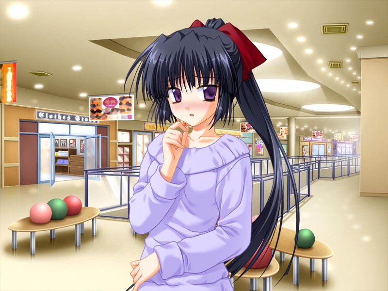 asaba yuu, yanagi nao, kimi to koishite musubarete, game cg, non-web source, 1girl, black hair, blush, female focus, long hair, mall, ponytail, purple eyes, solo, sweater, tachi-e