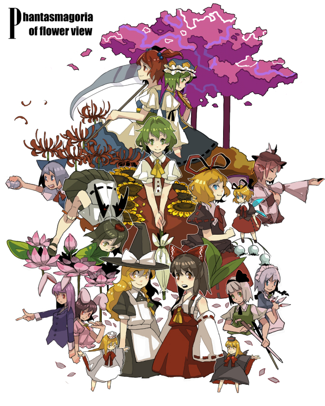 clea (geee13), cirno, hakurei reimu, inaba tewi, izayoi sakuya, kazami yuuka, kirisame marisa, konpaku youmu, lily black, lily white, medicine melancholy, mystia lorelei, onozuka komachi, reisen udongein inaba, shameimaru aya, shiki eiki, su-san, phantasmagoria of flower view, touhou, bad id, bad pixiv id, 6+girls, blonde hair, closed umbrella, dual persona, female focus, finger gun, flower, hat, katana, knife, multiple girls, outstretched arms, parasol, petals, red flower, rod of remorse, scythe, spider lily, spread arms, sword, throwing knife, tokin hat, umbrella, weapon