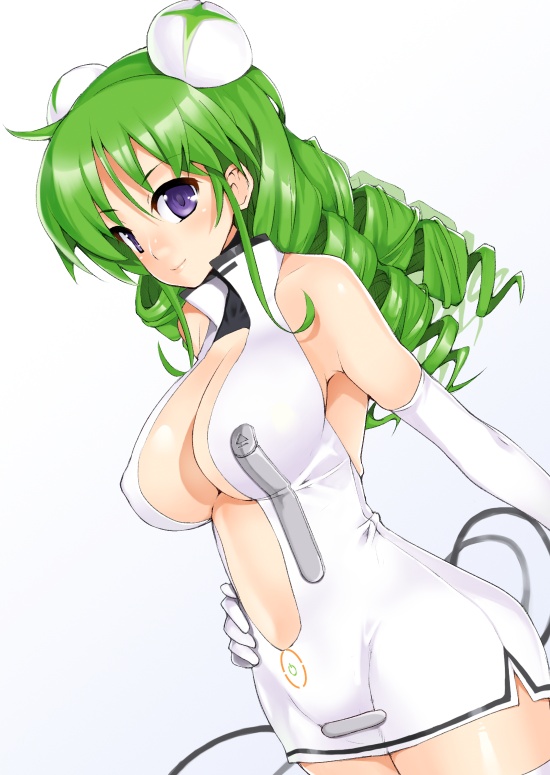 nagase haruhito, xbox 360-tan, bad id, bad pixiv id, 1girl, breasts, drill hair, elbow gloves, female focus, game console, gloves, green hair, large breasts, long hair, personification, product girl, purple eyes, solo, xbox 360