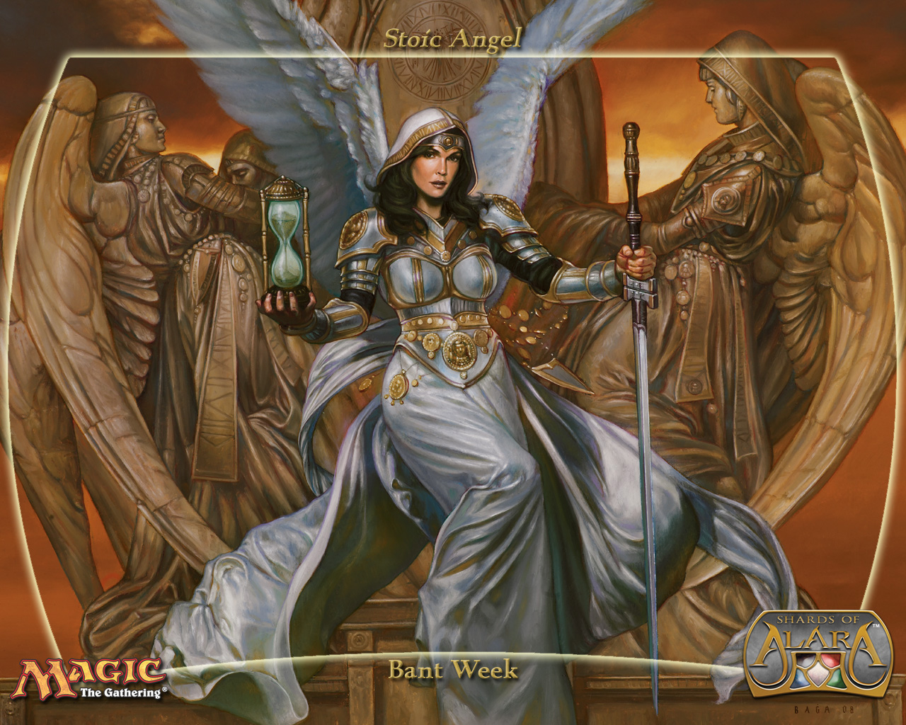 stoic angel, magic: the gathering, artist request, tagme, angel, black hair, hourglass, sword, weapon, wings