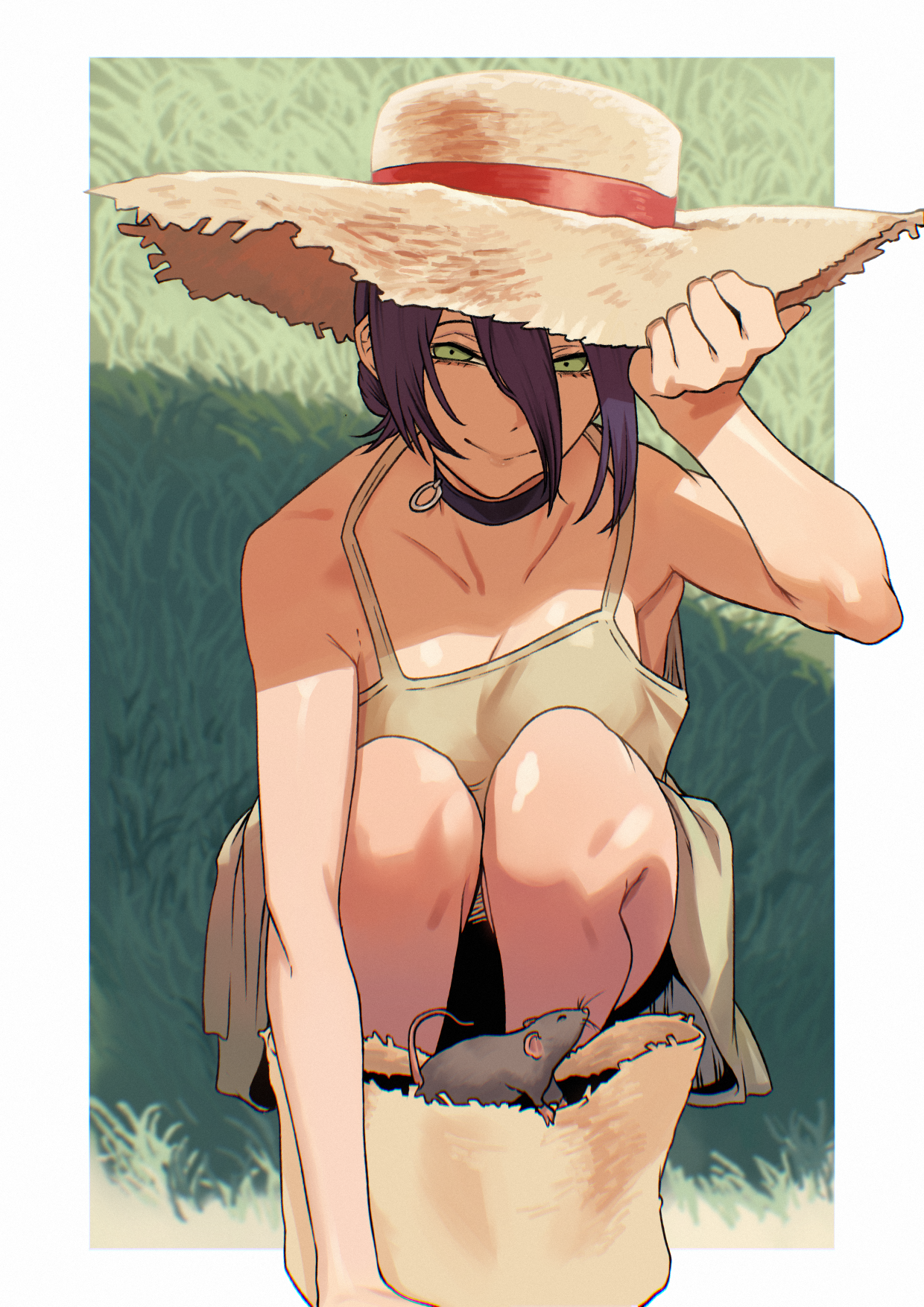 tresmarrow, reze (chainsaw man), chainsaw man, highres, 1girl, arm up, bag, black choker, breasts, camisole, choker, closed mouth, dress, field, grass, green eyes, grenade pin, hair between eyes, hat, looking at viewer, outdoors, purple hair, rural, shadow, small breasts, smile, solo, squatting, straw hat