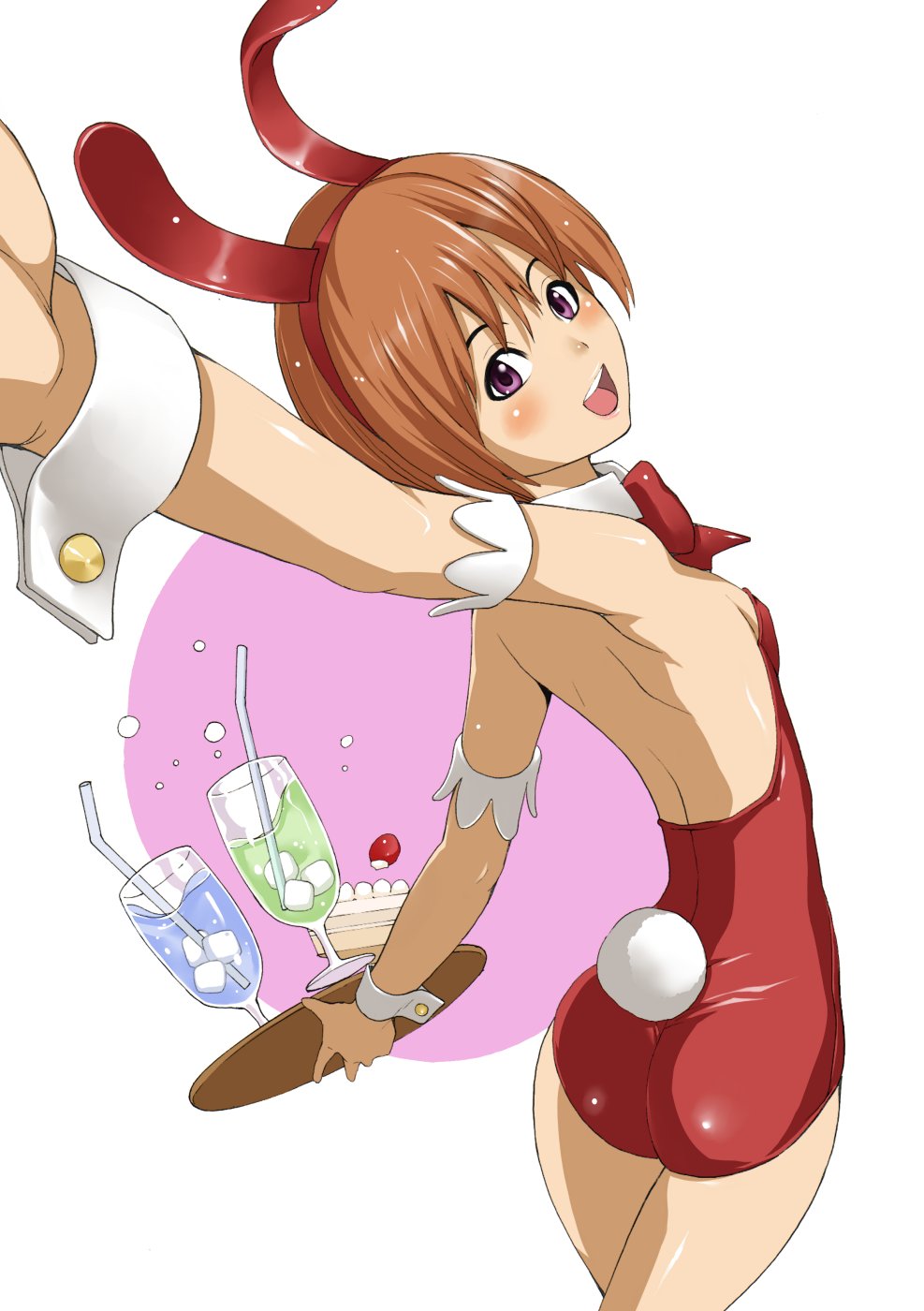 hakaba (dairiseki), yuu (quiz magic academy), quiz magic academy, highres, 1girl, animal ears, armpits, ass, back, backless leotard, bare legs, blush, bow, bowtie, brown hair, crossdressing, crossdressing (ftm), crossdressing (mtf), detached collar, fake animal ears, female focus, flat chest, leotard, male focus, male playboy bunny, playboy bunny, purple eyes, rabbit ears, rabbit tail, red bow, red bowtie, short hair, solo, tail, waving