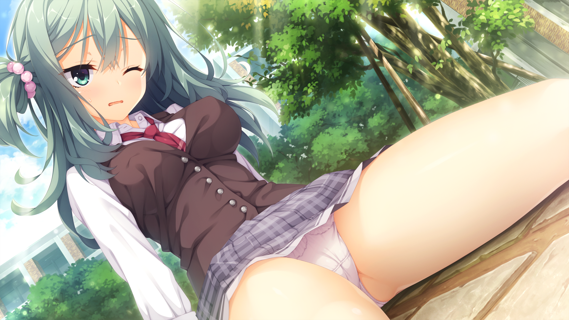 muririn, shikibe mayu, riddle joker, game cg, highres, official art, third-party source, 1girl, accidental exposure, aqua eyes, aqua hair, arm support, beads, between breasts, blush, breasts, brown vest, buttons, cameltoe, collared shirt, covered erect nipples, crossed bangs, day, dutch angle, eyelashes, furrowed brow, gluteal fold, hair beads, hair between eyes, hair ornament, kikka academy school uniform, large breasts, long hair, long sleeves, looking at viewer, necktie, necktie between breasts, on ground, one eye closed, one side up, open mouth, outdoors, panties, pantyshot, red necktie, school uniform, shiny skin, shirt, sitting, solo, sunlight, sweatdrop, thighs, tree, underwear, vest, white panties, white shirt