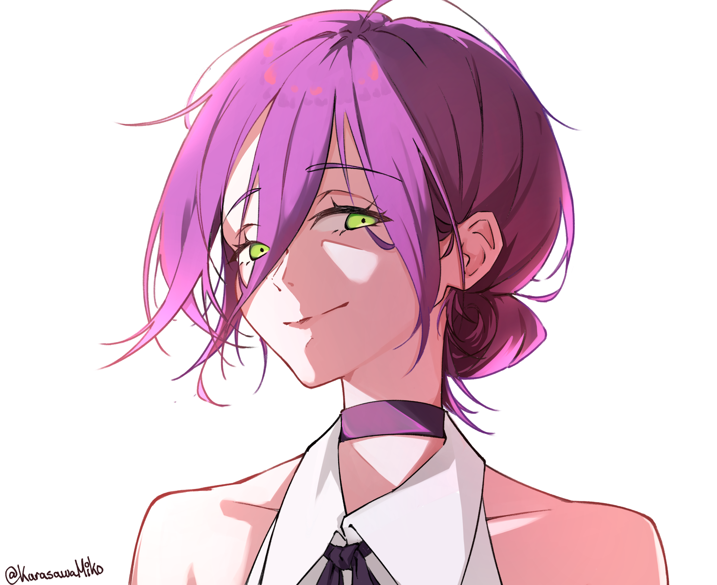karasawa miko, reze (chainsaw man), chainsaw man, highres, 1girl, choker, closed mouth, collared shirt, green eyes, hair between eyes, hair bun, purple choker, purple hair, shirt, simple background, sleeveless, sleeveless shirt, smile, solo, twitter username, white background, white shirt