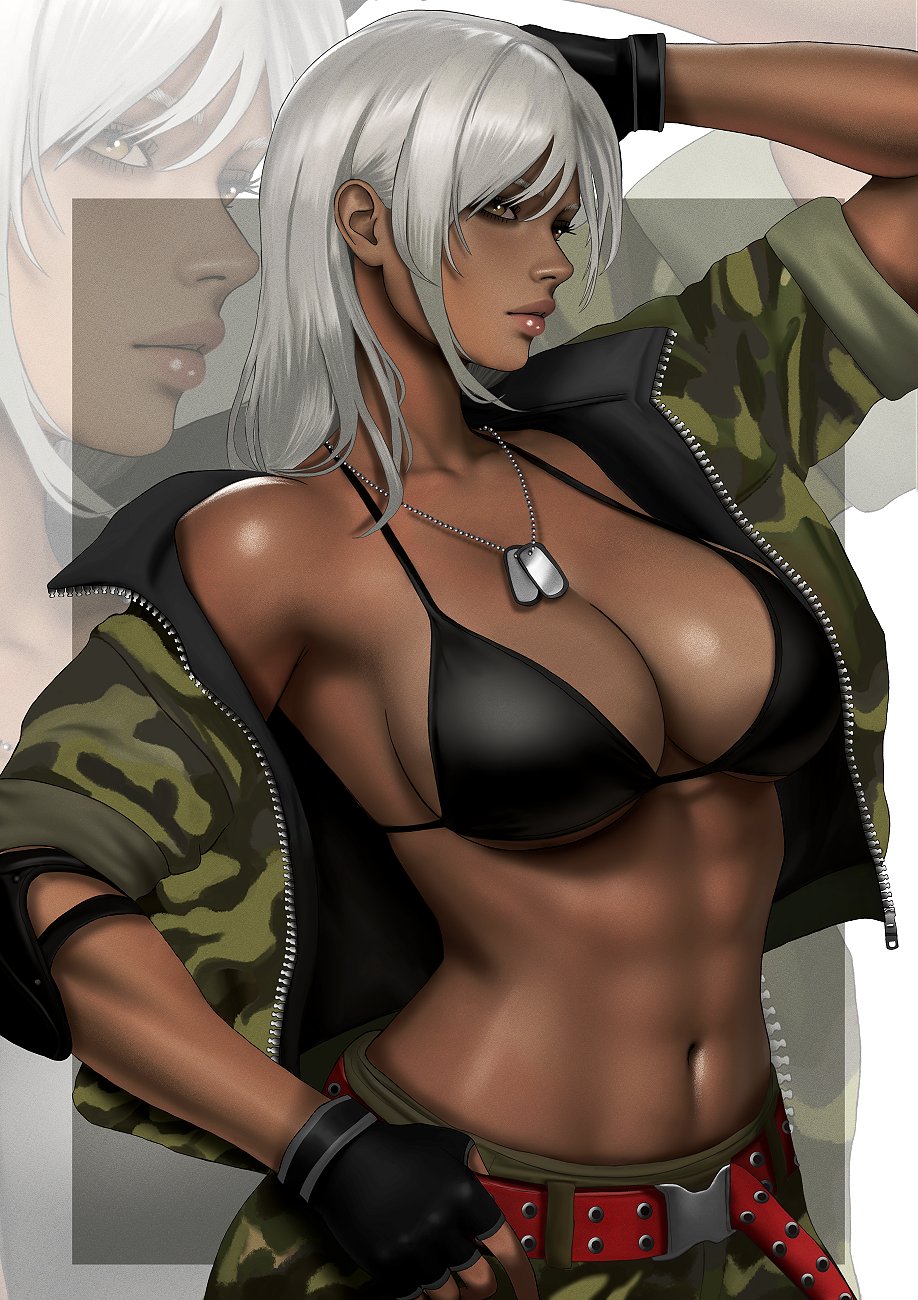 kittymiya, vanessa lewis, virtua fighter, virtua fighter 5, commentary, english commentary, highres, 1girl, abs, arm up, bare shoulders, belt, bikini, black bikini, black gloves, breasts, camouflage, camouflage jacket, camouflage pants, cleavage, dark-skinned female, dark skin, dog tags, fingerless gloves, gloves, grey hair, hair behind ear, holding, holding belt, jacket, large breasts, long hair, muscular, muscular female, navel, pants, single off shoulder, solo, swimsuit
