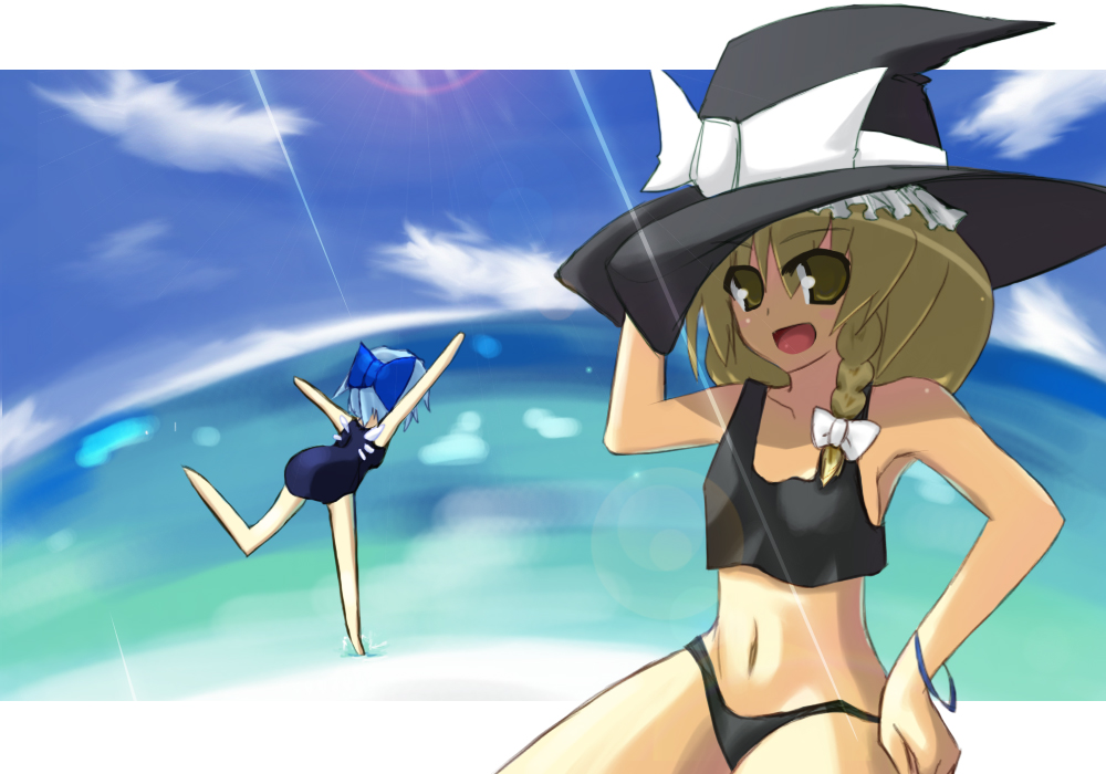 baf3, cirno, kirisame marisa, touhou, 2girls, bad anatomy, bikini, blonde hair, female focus, multiple girls, poorly drawn, running, swimsuit, tank top