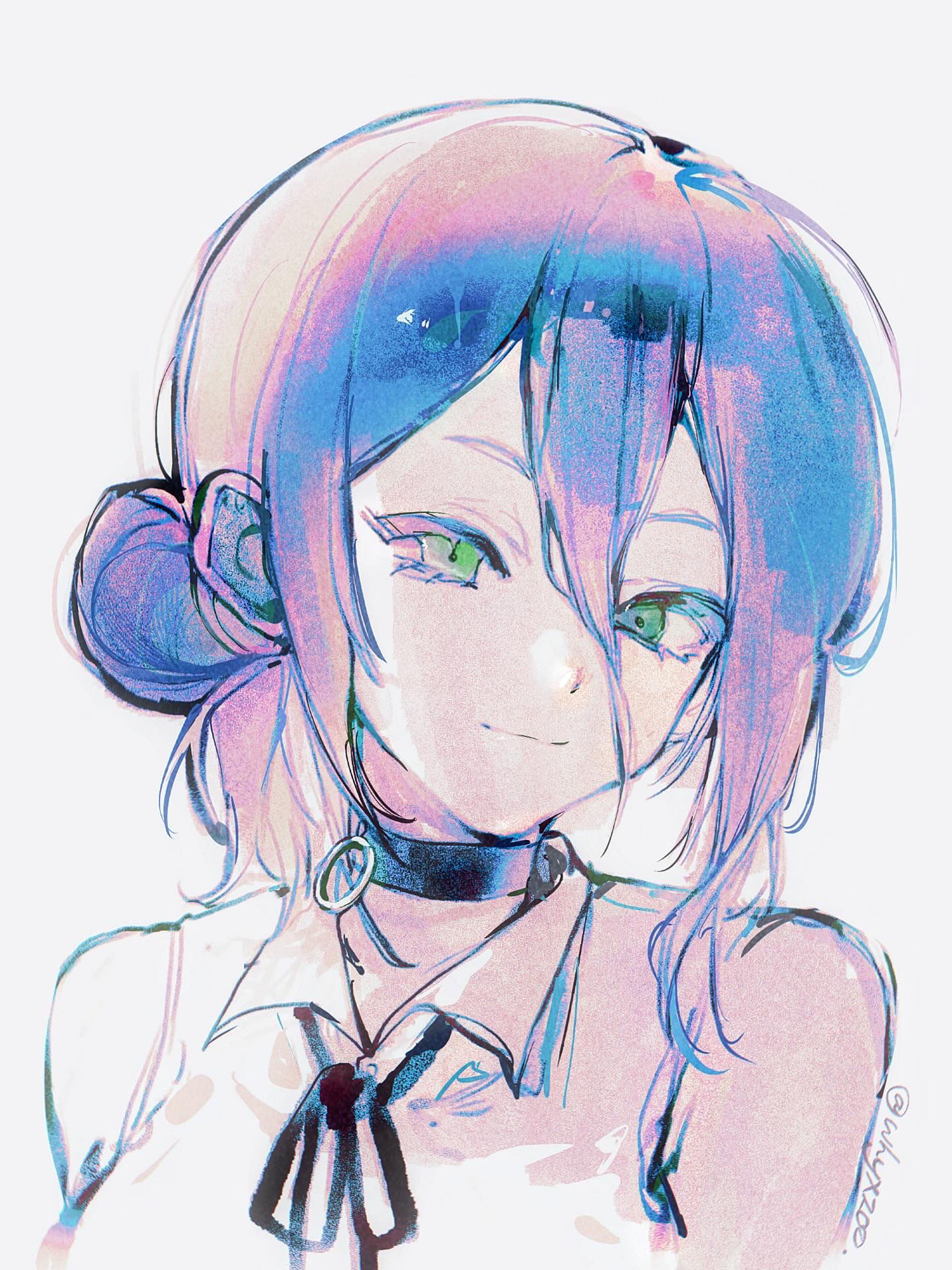 matchazi, reze (chainsaw man), chainsaw man, highres, 1girl, black choker, black ribbon, choker, closed mouth, collared shirt, green eyes, grenade pin, hair between eyes, hair bun, light smile, neck ribbon, purple hair, ribbon, shirt, simple background, sleeveless, sleeveless shirt, solo, white background, white shirt