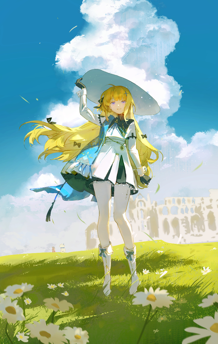 requiem (requiem art), phoebe (wuthering waves), wuthering waves, commentary request, 1girl, arm up, black collar, black gloves, blue sash, blue sky, boots, collar, day, gloves, hair ornament, hat, large hat, long sleeves, looking at viewer, outdoors, pantyhose, parted lips, purple eyes, sash, shirt, skirt, sky, smile, solo, tacet mark (wuthering waves), white boots, white hat, white pantyhose, white shirt, white skirt, x hair ornament