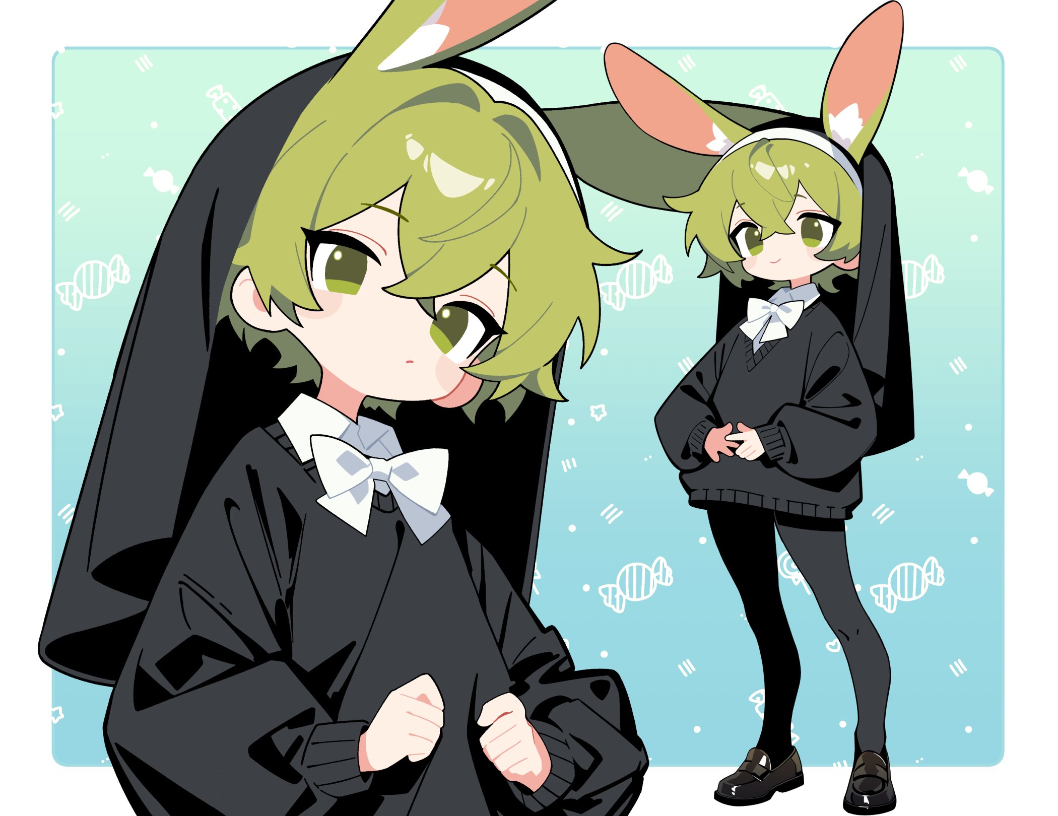 llucilab, original, fluffy hair, commentary, highres, 1boy, :/, animal ear fluff, animal ears, black pants, black shoes, black sweater, black veil, blue background, border, bow, bowtie, closed mouth, coif, collared shirt, extra ears, full body, gradient background, green background, green eyes, green hair, hair between eyes, light blush, long sleeves, looking at viewer, multiple views, no nose, no pupils, nun, oversized clothes, pants, rabbit boy, rabbit ears, shirt, shoes, short hair, smile, standing, sweater, upper body, v-neck, veil, white border, white bow, white bowtie, white shirt