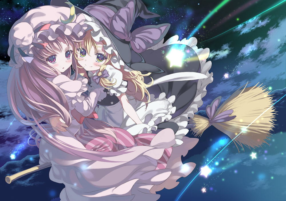 moriki takeshi, kirisame marisa, patchouli knowledge, touhou, bad id, bad pixiv id, 2girls, 9999, blonde hair, broom, broom riding, female focus, flying, hat, multiple girls, multiple riders, purple hair, ribbon, sidesaddle, star (symbol)