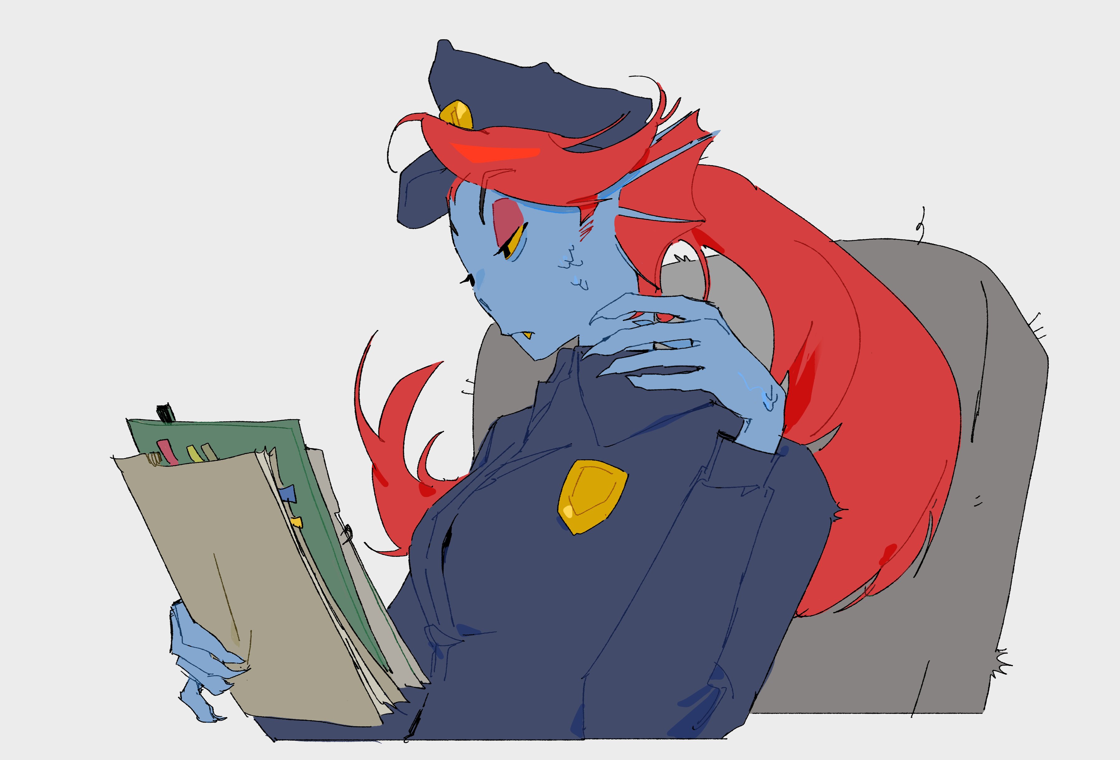 abcdefz 7, chief undyne, undyne, deltarune, utdr (toby fox), absurdres, highres, 1girl, 2025, badge, black hat, black jacket, blue skin, colored sclera, colored skin, cropped torso, fins, fish girl, from side, hand up, hat, head fins, holding, holding paper, jacket, long hair, paper, police, police badge, police hat, police uniform, policewoman, ponytail, red hair, scales, simple background, solo, upper body, white background, yellow sclera