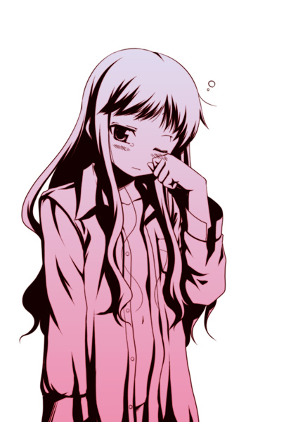 kouji (campus life), index (toaru majutsu no index), toaru majutsu no index, 00s, 1girl, female focus, long sleeves, looking at viewer, midriff, monochrome, navel, open clothes, open shirt, rubbing eyes, shirt, sidelocks, simple background, sleepy, solo, stomach, upper body, white background