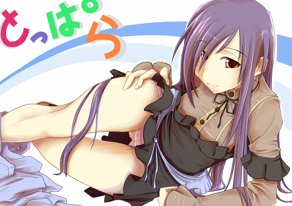 painpa, mikage (toppara), toppara, 1girl, dress, female focus, legs, long hair, panties, purple hair, red eyes, ribbon, solo, underwear, upskirt