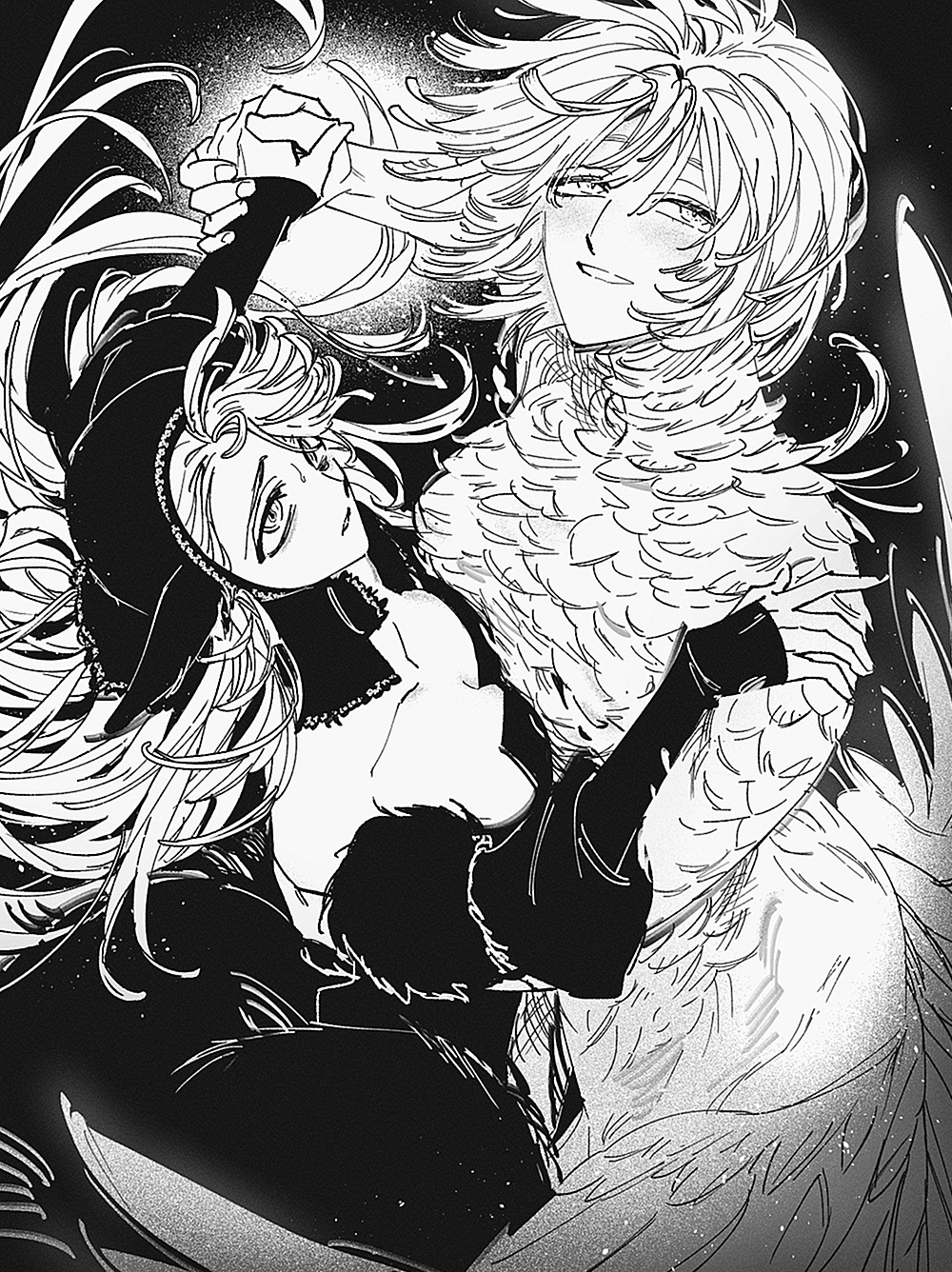 ssamesum, falin touden, falin touden (chimera), marcille donato, marcille donato (lord), dungeon meshi, highres, 2girls, arm around back, bare shoulders, black dress, black hood, breasts, cleavage, couple, dancing, detached collar, detached sleeves, dress, feathers, fur-trimmed sleeves, fur trim, greyscale, hair between eyes, holding hands, hood, hood up, light blush, light smile, long hair, medium breasts, monochrome, monster girl, multiple girls, parted lips, pointy ears, short hair, sweatdrop, white feathers, yuri
