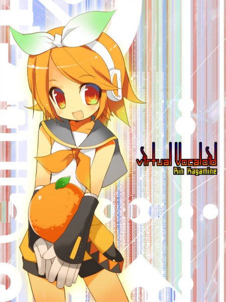 kamiyoshi rika, kagamine rin, vocaloid, :d, blonde hair, detached sleeves, elbow gloves, fang, flat chest, food, fruit, gloves, headphones, headset, open mouth, orange (fruit), orange eyes, ribbon, short hair, shorts, smile