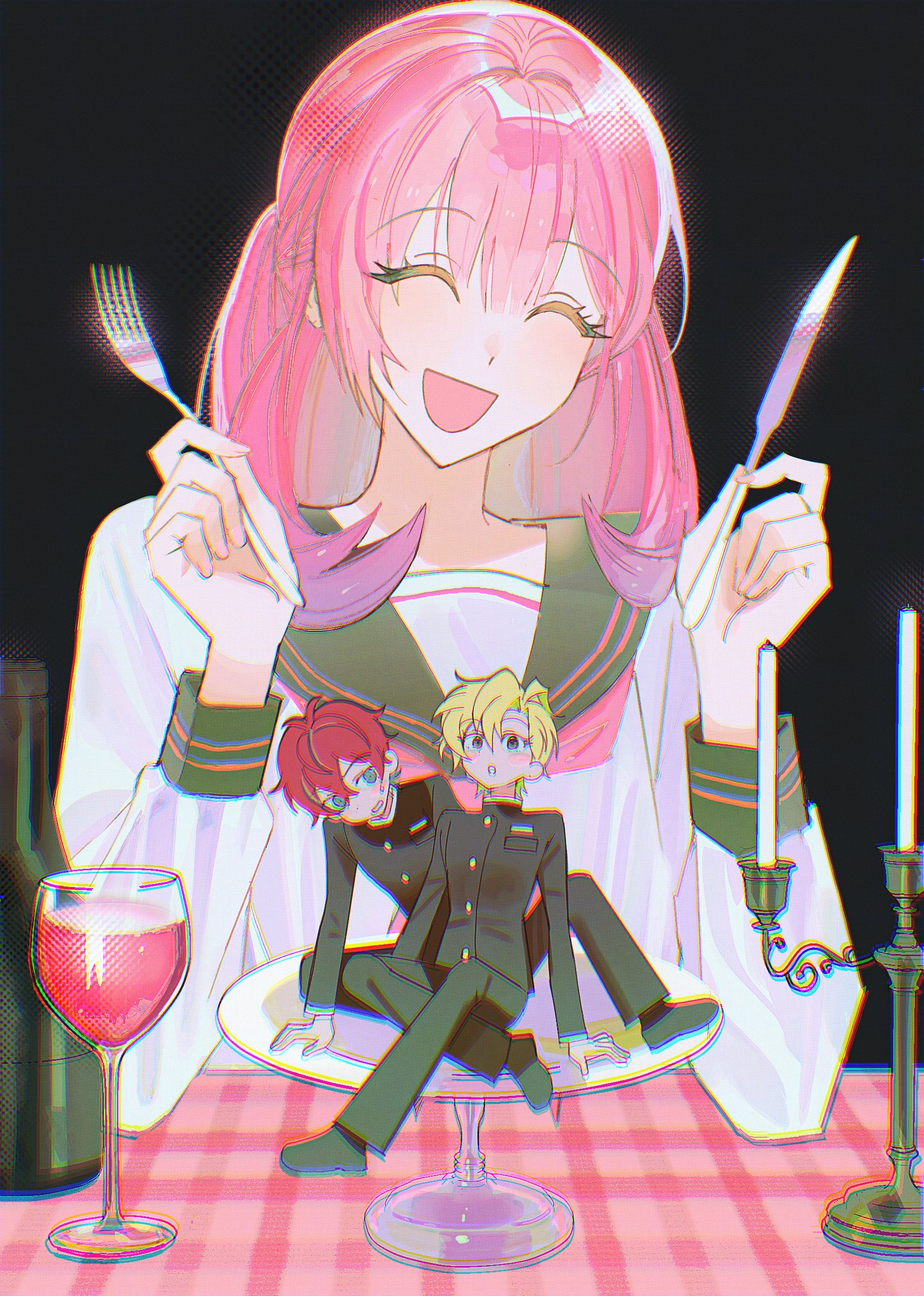 izanami hifumi, kannonzaka doppo, hypnosis mic, absurdres, highres, 1girl, 2boys, :d, :o, ^ ^, aged down, ahoge, alcohol, aqua eyes, asymmetrical bangs, black background, black jacket, black pants, black shoes, blonde hair, blush stickers, breast pocket, cake stand, candelabra, candle, candlestand, choppy bangs, chromatic aberration, closed eyes, crossed legs, cup, curtained hair, dnm5rocfa8yskqw, drinking glass, elbows on table, eyelashes, film grain, fingernails, fork, furrowed brow, gakuran, gingham, gradient hair, green sailor collar, grey eyes, grin, hair between eyes, hair intakes, half updo, halftone, halftone outline, hands up, head tilt, heavy chromatic aberration, holding, holding fork, holding knife, jacket, keitoin honobono, knife, light blush, long sleeves, looking at another, looking up, medium hair, mini person, miniboy, multicolored hair, multiple boys, neckerchief, open mouth, outline, pants, peanut mouth, pink hair, pink neckerchief, pocket, raised eyebrows, red hair, red wine, sailor collar, school uniform, serafuku, shoes, short hair, sitting, smile, spread legs, sweatdrop, symbolism, table, tablecloth, upper body, wine, wine glass
