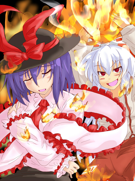 yude, fujiwara no mokou, nagae iku, touhou, silver hair, bad id, bad pixiv id, 2girls, bad end, female focus, fire, hat, long hair, multiple girls, pants, purple hair, ribbon, short hair, standing, tears, you gonna get raped