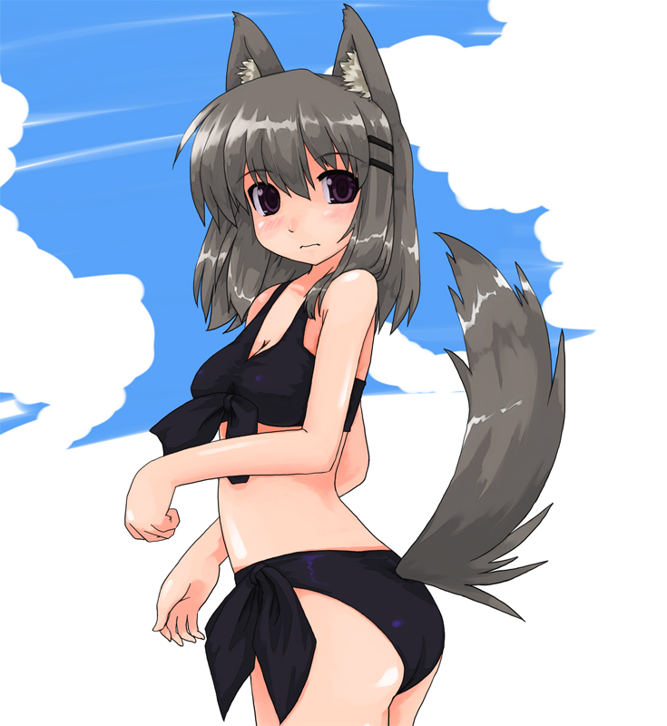 ktsecond, yuzaki tatami, torikoro, silver hair, bad id, bad pixiv id, 1girl, animal ears, bikini, black bikini, blush, dog ears, female focus, looking back, purple eyes, solo, swimsuit, tail