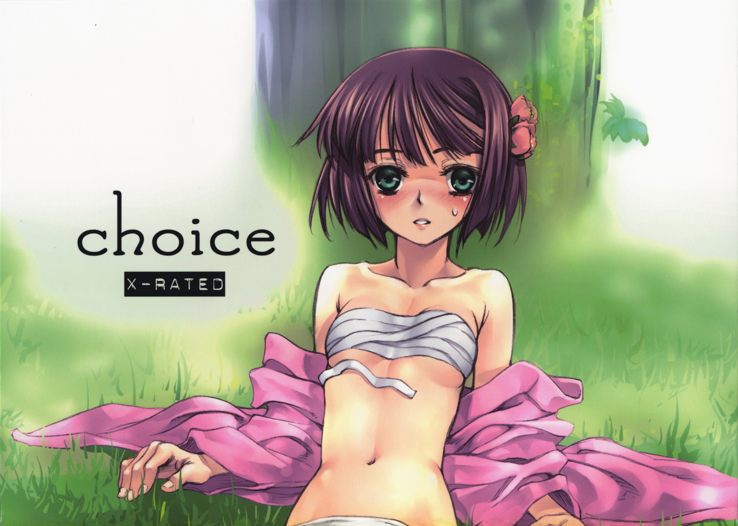 satou atsuki, bushidou (sekaiju), bushidou 4 (sekaiju), atlus, etrian odyssey, blush, brown hair, cover, cover page, flat chest, green eyes, japanese clothes, kimono, lying, midriff, open clothes, samurai, sarashi, short hair, solo