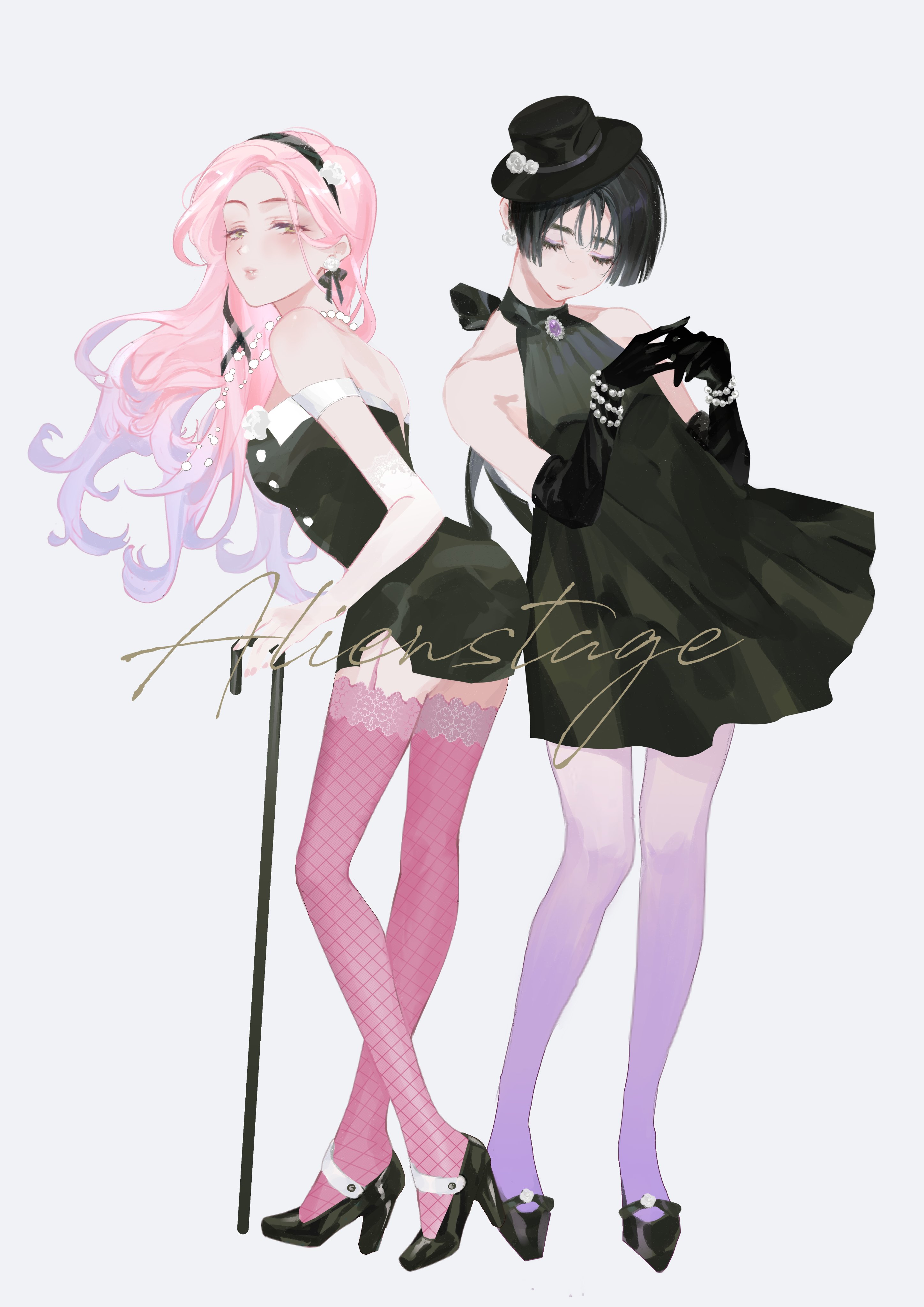 seol77, mizi (alien stage), sua (alien stage), alien stage, absurdres, highres, 2girls, black dress, black gloves, black hair, black hairband, black hat, black shoes, bracelet, closed eyes, copyright name, dress, earrings, elbow gloves, fishnet thighhighs, fishnets, full body, garter straps, gloves, gradient hair, hairband, halter dress, halterneck, hat, high heels, jewelry, lace, lace-trimmed thighhighs, lace trim, long hair, looking at viewer, multicolored hair, multiple girls, pantyhose, pink hair, pink thighhighs, purple pantyhose, shoes, short dress, short hair, side slit, simple background, sleeveless, sleeveless dress, thighhighs, white background