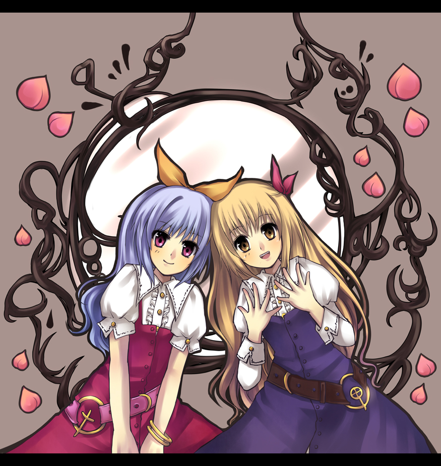 jing hu, kiyoshi mizuumi +, watatsuki no toyohime, watatsuki no yorihime, silent sinner in blue, touhou, touhou bougetsushou, bad id, bad pixiv id, 2girls, belt, blonde hair, blue hair, bow, bracelet, female focus, food, fruit, hair bow, hairband, jewelry, letterboxed, long hair, multiple girls, peach, ponytail, purple hair, ribbon, yellow eyes