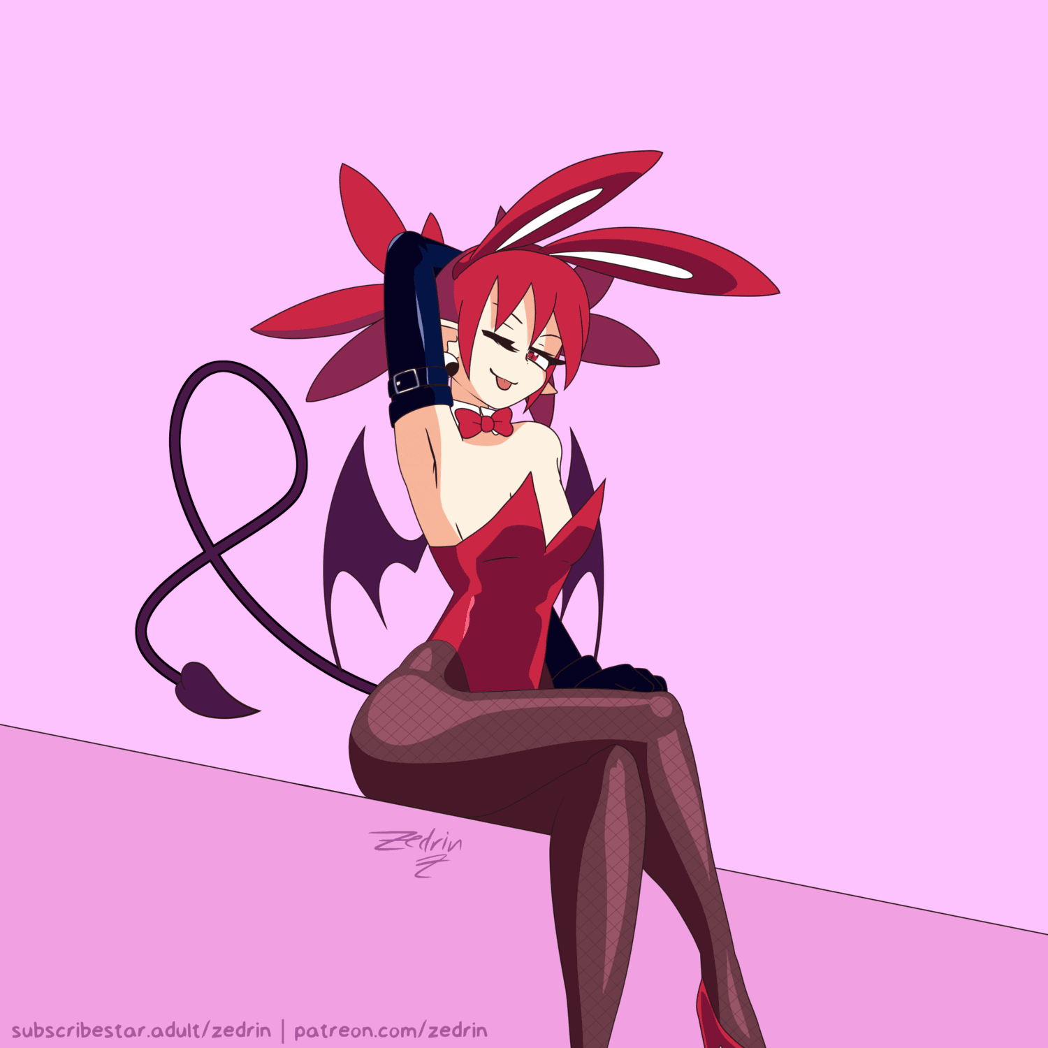 zedrin, etna (disgaea), disgaea, animated, animated gif, 1girl, animal ears, arm up, armpits, artist name, bare shoulders, black gloves, blush, breast expansion, breasts, brown pantyhose, bursting breasts, cleavage, collar, constricted pupils, cowboy shot, crossed legs, demon girl, demon tail, demon wings, earrings, elbow gloves, fake animal ears, gloves, high heels, huge breasts, jewelry, large breasts, leotard, looking at viewer, matching hair/eyes, naughty face, nervous sweating, one eye closed, open mouth, pantyhose, patreon username, pink background, playboy bunny, pointy ears, red eyes, red hair, red leotard, red shoes, shoes, short twintails, simple background, sitting, skull earrings, small breasts, smile, solo, subscribestar username, surprised, sweat, tail, twintails, two-tone background, wings, wink