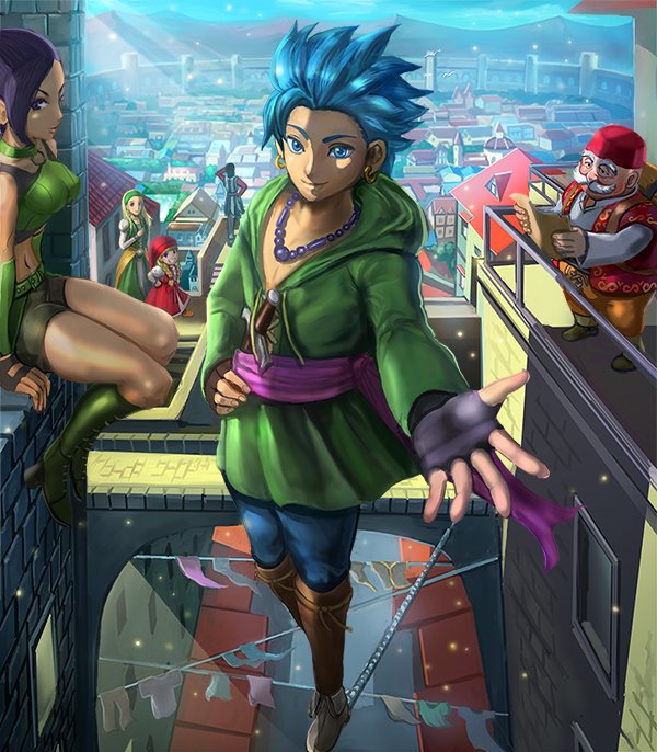 maruo yukihiro, camus (dq11), martina (dq11), row (dq11), senya (dq11), sylvia (dq11), veronica (dq11), dragon quest, dragon quest xi, 3boys, 3girls, bead necklace, beads, blonde hair, blue eyes, blue hair, blue pants, boots, braid, breasts, brown boots, city, crop top, dress, earrings, facial hair, fez hat, fingerless gloves, gloves, green boots, green dress, green hairband, green robe, green shirt, grey hair, hairband, hanging from clothesline, hat, hoop earrings, jewelry, laundry, long hair, medium breasts, midriff, multiple boys, multiple girls, mustache, navel, necklace, orange pants, outstretched hand, pants, parted bangs, purple hair, red dress, red hat, red vest, robe, shirt, short hair, short shorts, shorts, sitting, twin braids, vest, white shirt