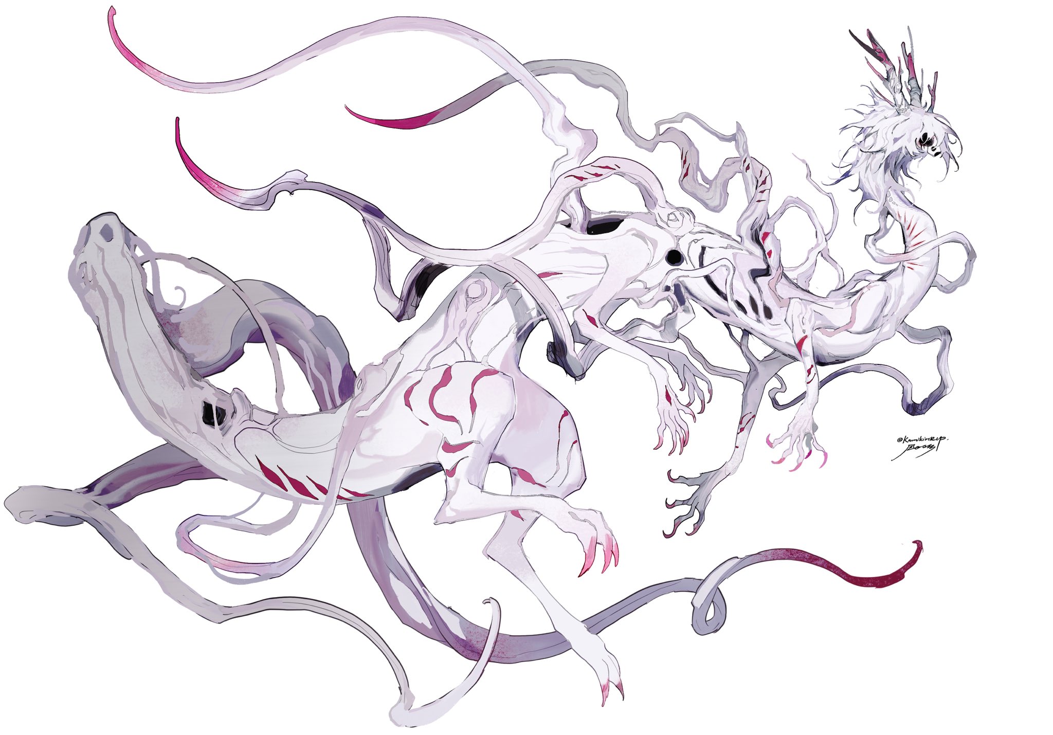 kamikiririp, original, highres, artist name, claws, extra arms, full body, horns, monster, monster focus, no humans, signature, simple background, solo, tail, white background