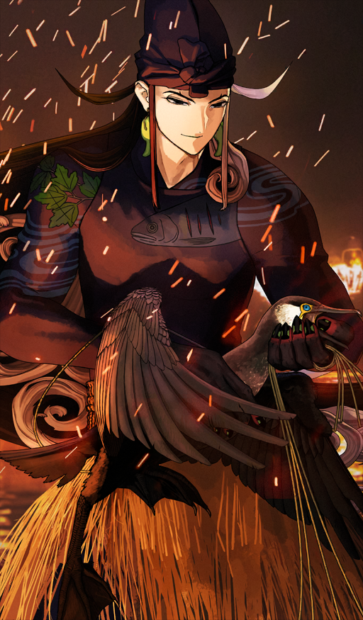 furumi showichi, ashiya douman (fate), fate/grand order, fate (series), commentary request, game cg, official art, third-party source, 1boy, animal, bird, black eyes, black hair, black hat, black nails, closed mouth, cormorant, earrings, embers, fire, hat, holding, holding animal, holding bird, jewelry, looking down, magatama, magatama earrings, male focus, multicolored hair, night, outdoors, photo background, smile, solo, split-color hair, two-tone hair, white hair