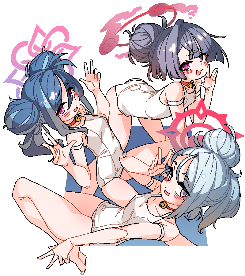 dthmns, fubuki (blue archive), meru (blue archive), shuro (blue archive), blue archive, 3girls, blue hair, breasts, double bun, grey hair, hair bun, halo, multiple girls, one-piece swimsuit, pink eyes, red eyes, red halo, simple background, small breasts, swimsuit, thighs, v, white one-piece swimsuit