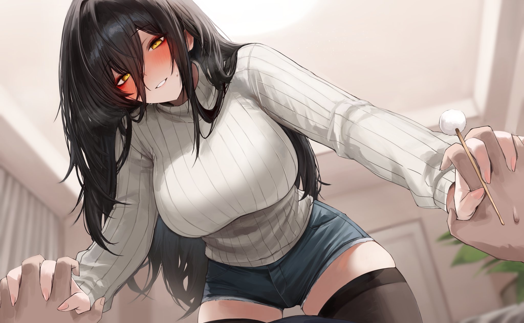 deyo (nicijyou), original, highres, 1girl, 1other, black hair, black thighhighs, blush, ceiling, denim, denim shorts, door, from below, girl on top, hair between eyes, holding hands, indoors, long hair, long sleeves, looking at viewer, mimikaki, plant, pov, ribbed sweater, shorts, sweat, sweater, teeth, thighhighs, white sweater, window blinds, yellow eyes