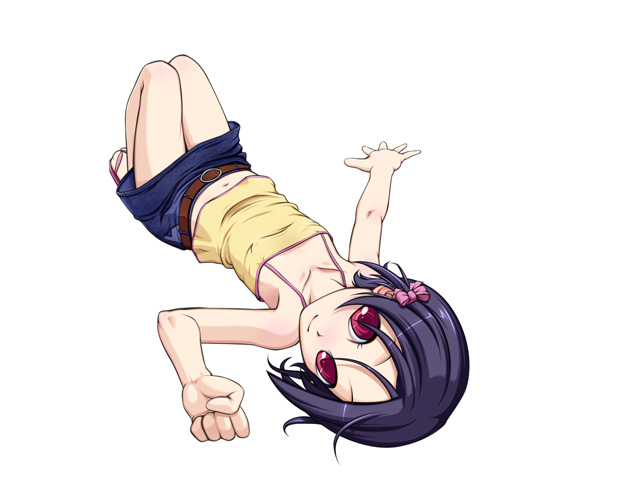 caryo, takeda yukimura, kaminogi haruka, noein, 00s, 1girl, bare shoulders, blue hair, camisole, collarbone, female focus, flat chest, hair ribbon, happy, lying, navel, red eyes, ribbon, short hair, skirt, solo