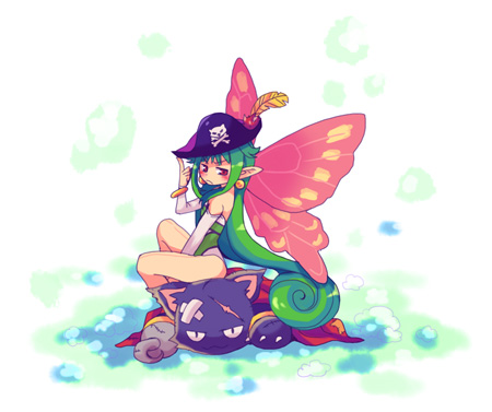 tsuyuka (sunny spot), mamelon, nyanko (marl kingdom), yattanya, la pucelle, nippon ichi, lowres, 1girl, absurdly long hair, cat, fairy, feathers, green hair, hat, long hair, pantyhose, pink eyes, pirate, very long hair, wings