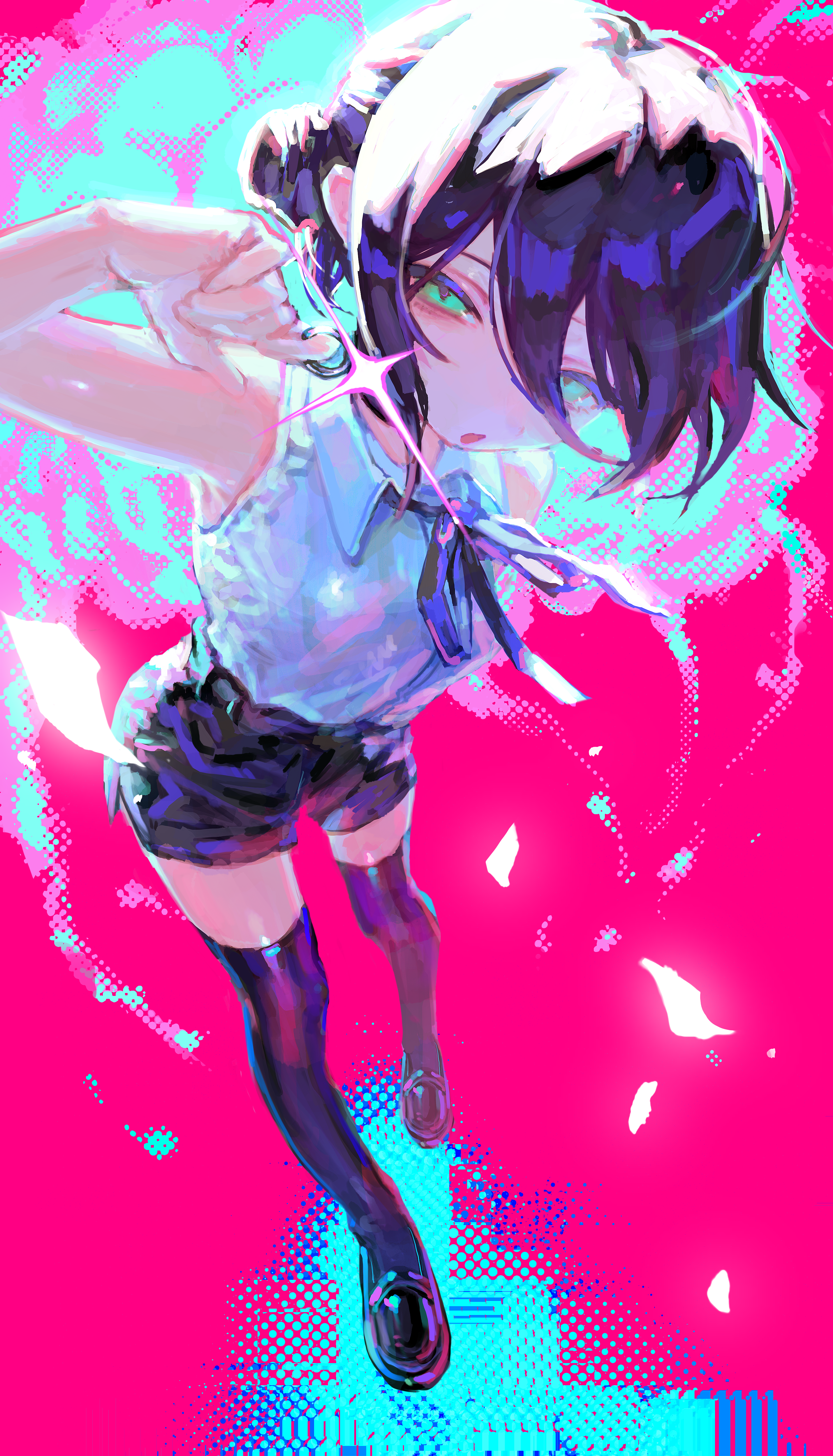 nia (x x02), reze (chainsaw man), chainsaw man, absurdres, highres, 1girl, arm up, black choker, black hair, black shoes, black shorts, black thighhighs, choker, collarbone, green eyes, grenade pin, hair bun, leaning forward, loafers, looking at viewer, neck ribbon, open mouth, purple ribbon, ribbon, shirt, shirt tucked in, shoes, shorts, solo, standing, thighhighs, white shirt